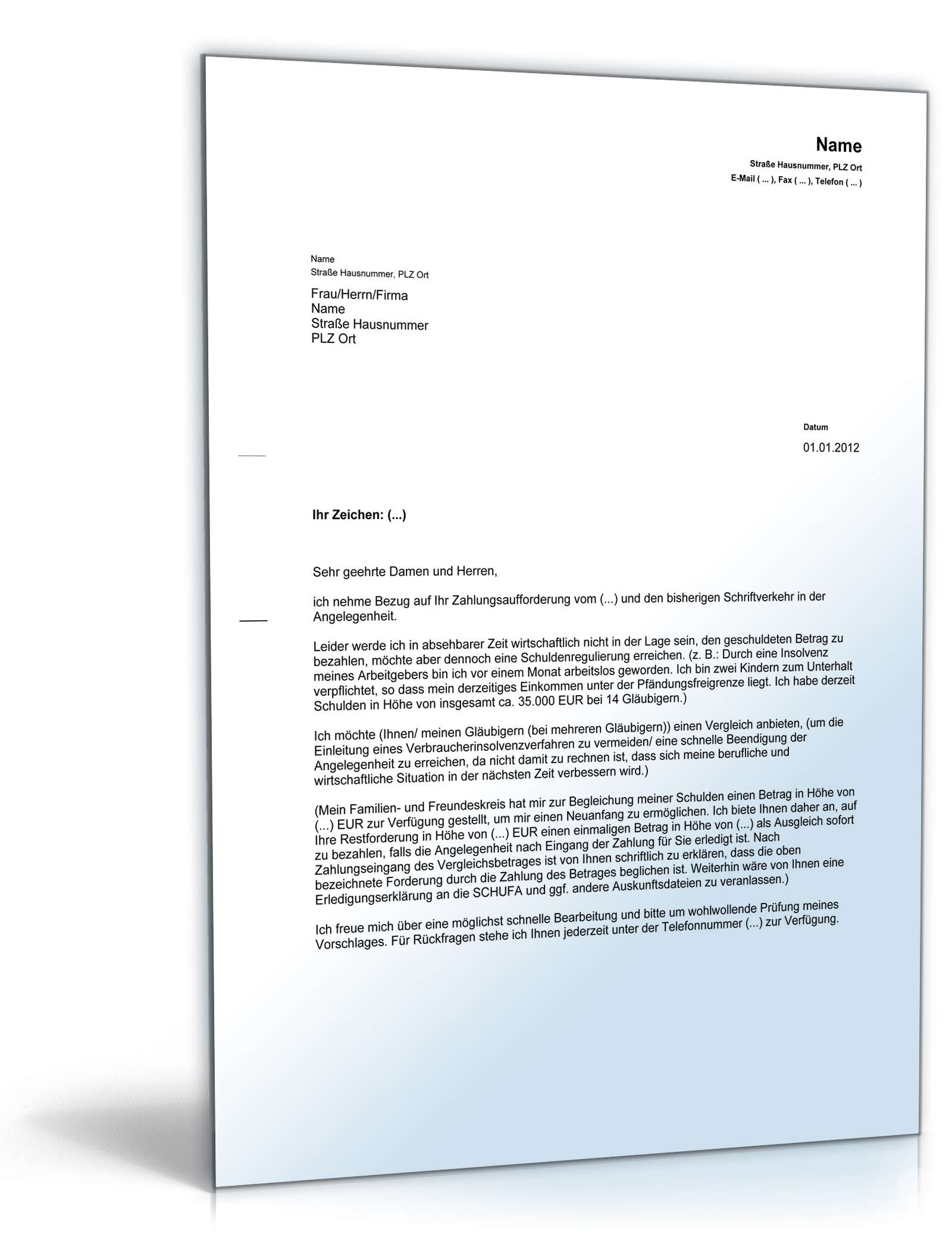 Vergleichsangebot an privaten Gläubiger PDF