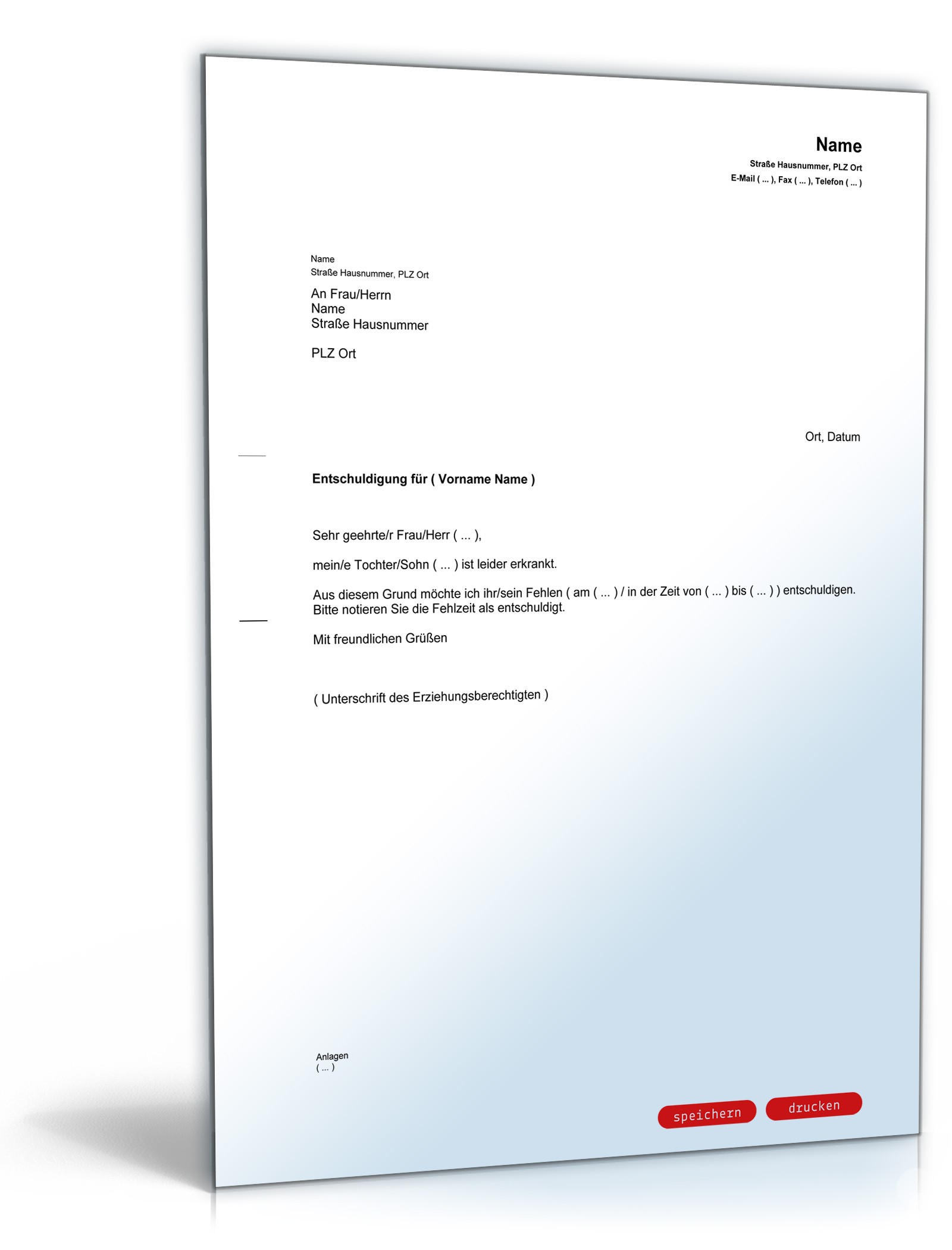 Entschuldigung Schulkind krankheitsbedingt PDF