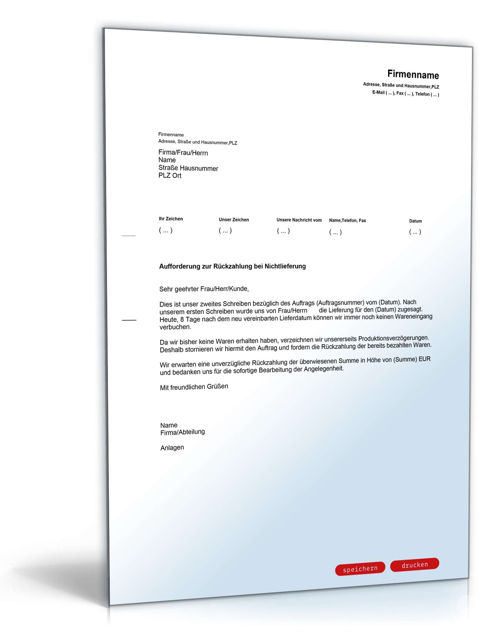 Forderung Rückzahlung bei Nichtlieferung Englisch/Deutsch PDF. Seite: 2