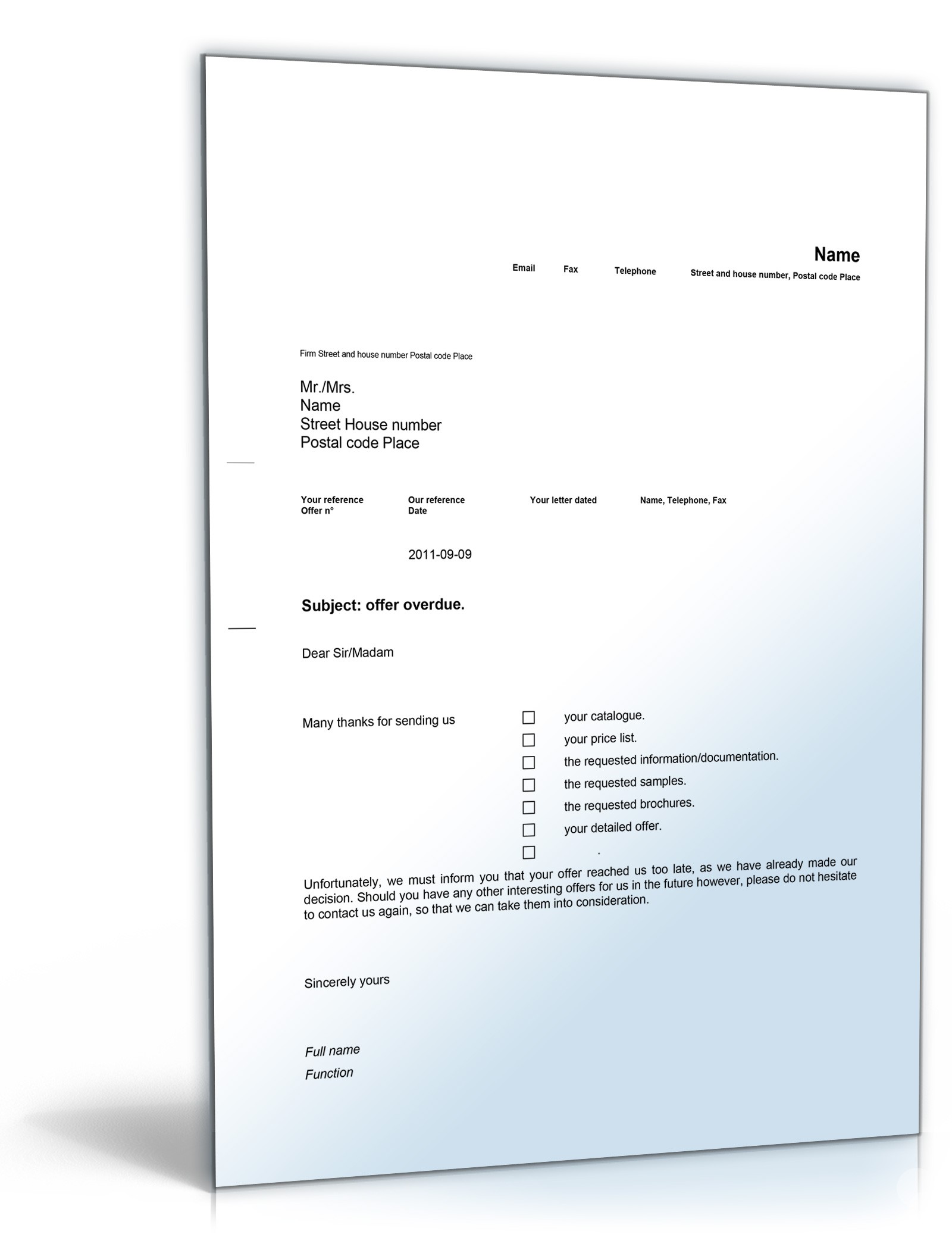 Ablehnung Angebot auf Englisch Word