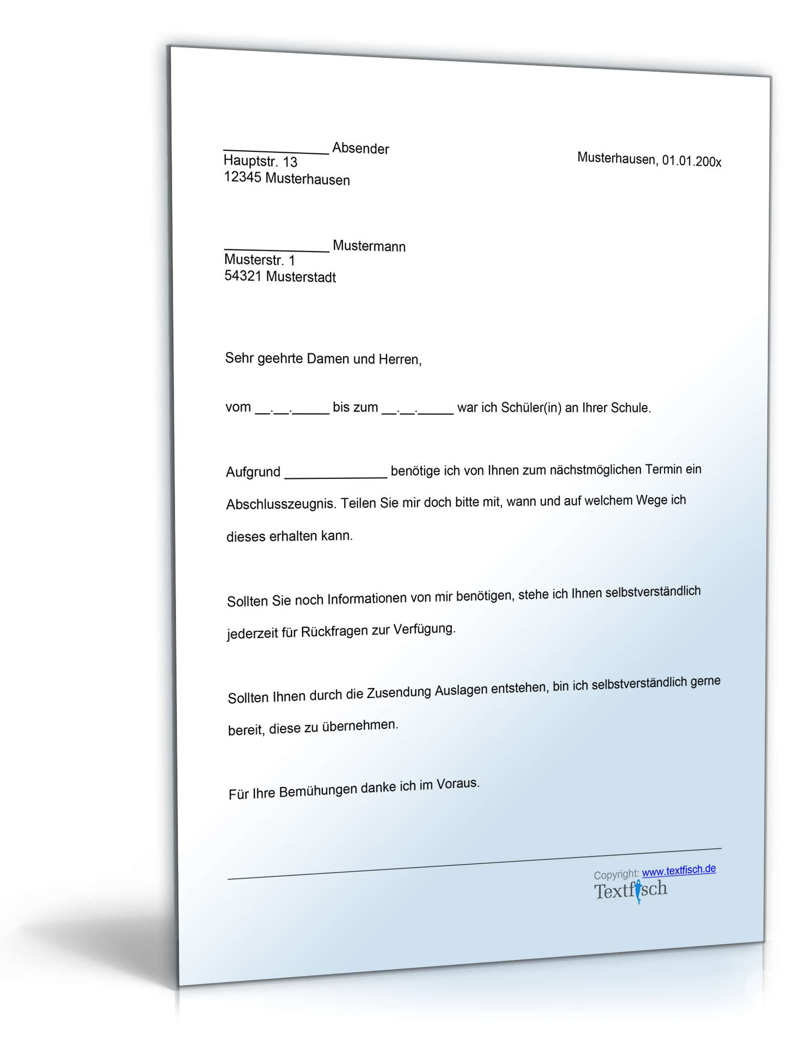 Bitte um Übersendung eines Zeugnisses Word