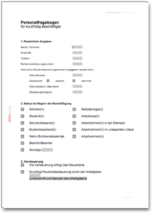 Personalfragebogen für kurzfristig Beschäftigte Word
