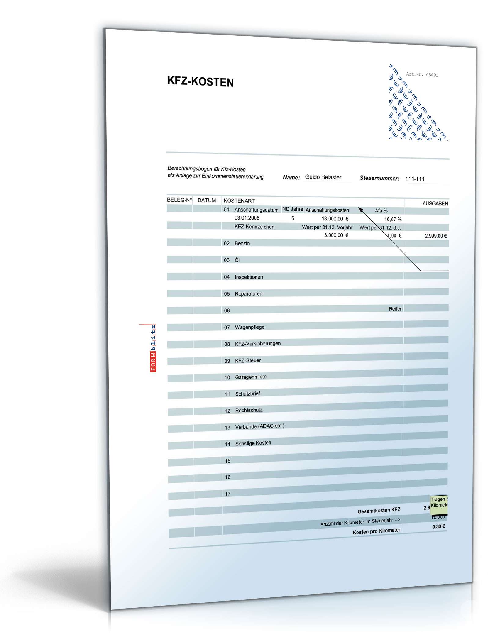 Ermittlung abzugsfähiger Werbungskosten Excel. Seite: 9