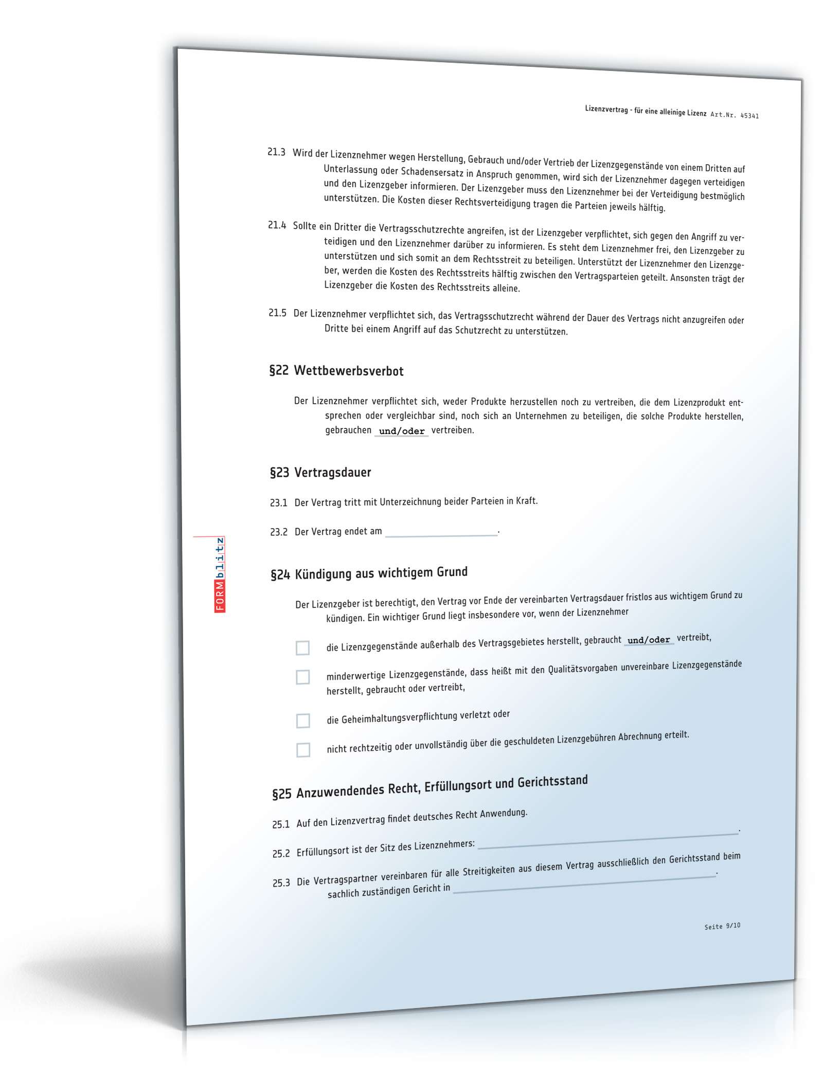 Lizenzvertrag alleinige Lizenz PDF. Seite: 9