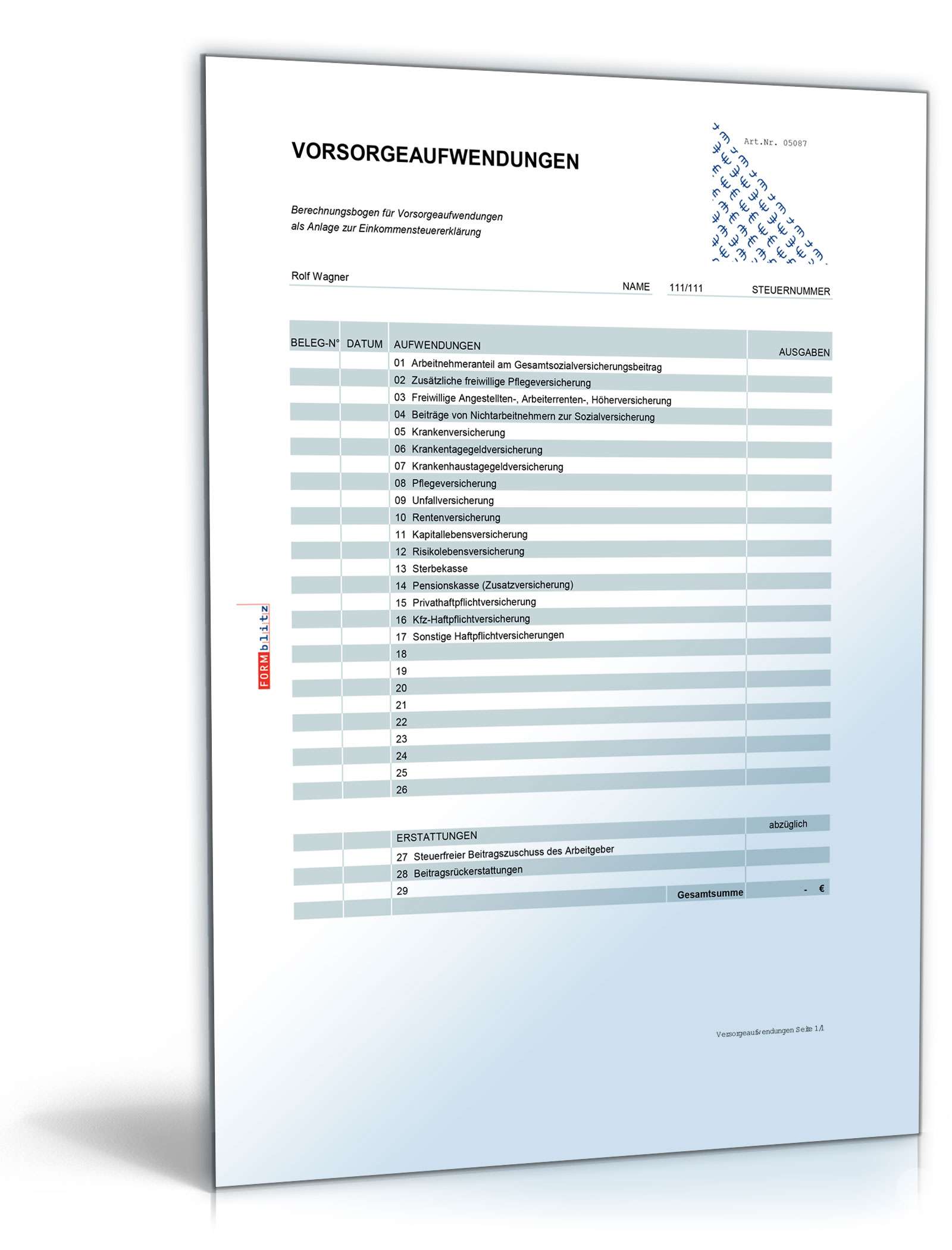 Rechentabelle Werbungskosten Vorsorgeaufwendungen Excel
