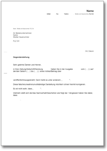 Aufforderung Abdruck Gegendarstellung Word