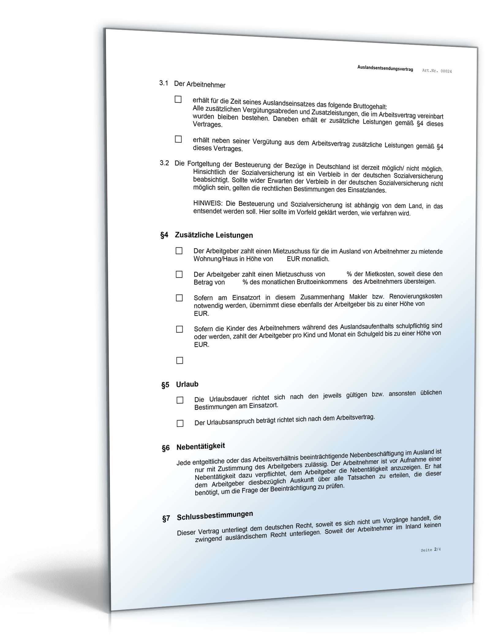 Arbeitsvertrag Zusatzvereinbarung Auslandsentsendung Word. Seite: 2