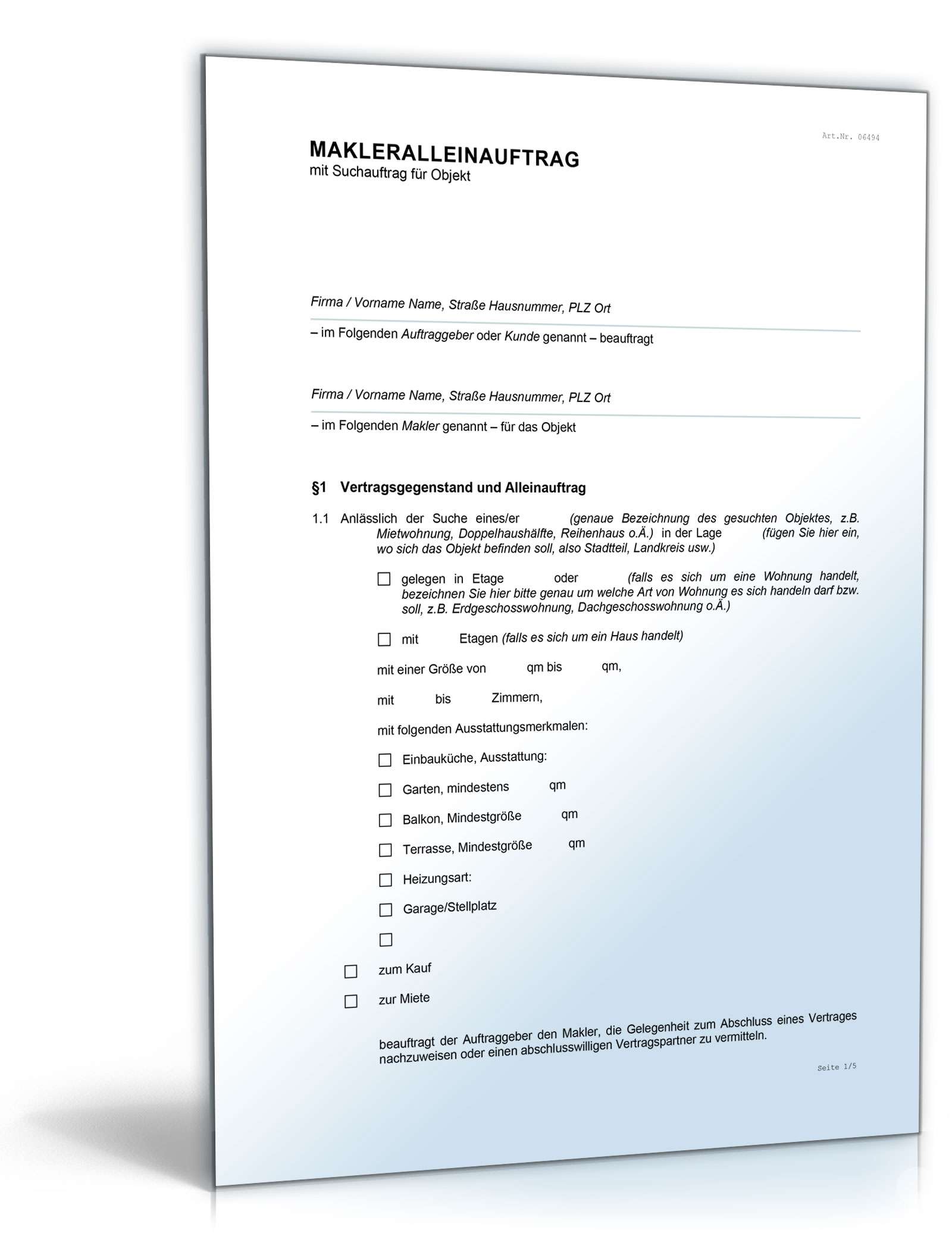 Makleralleinauftrag Suchauftrag Mietobjekt Word