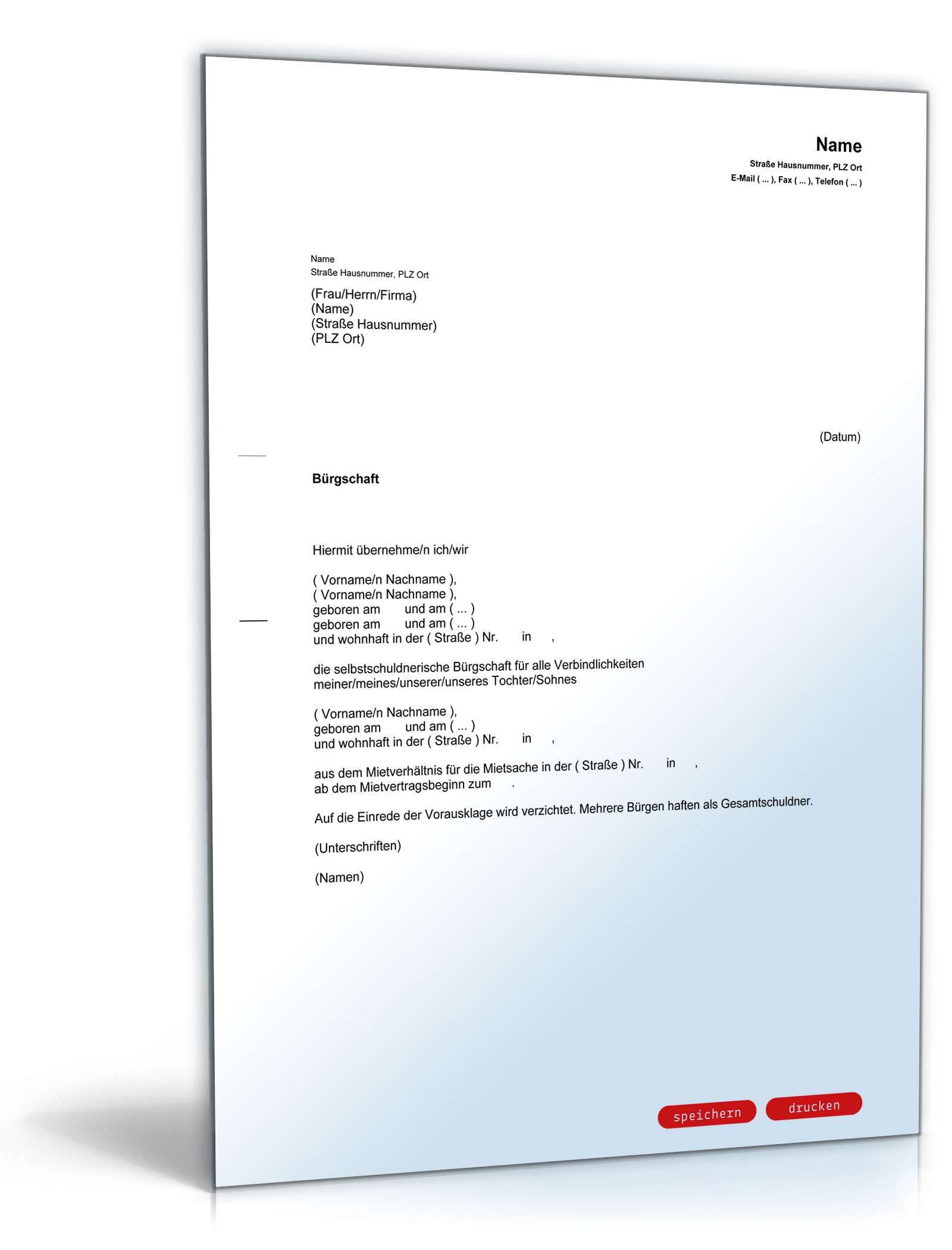 Selbstschuldnerische Elternbürgschaft PDF