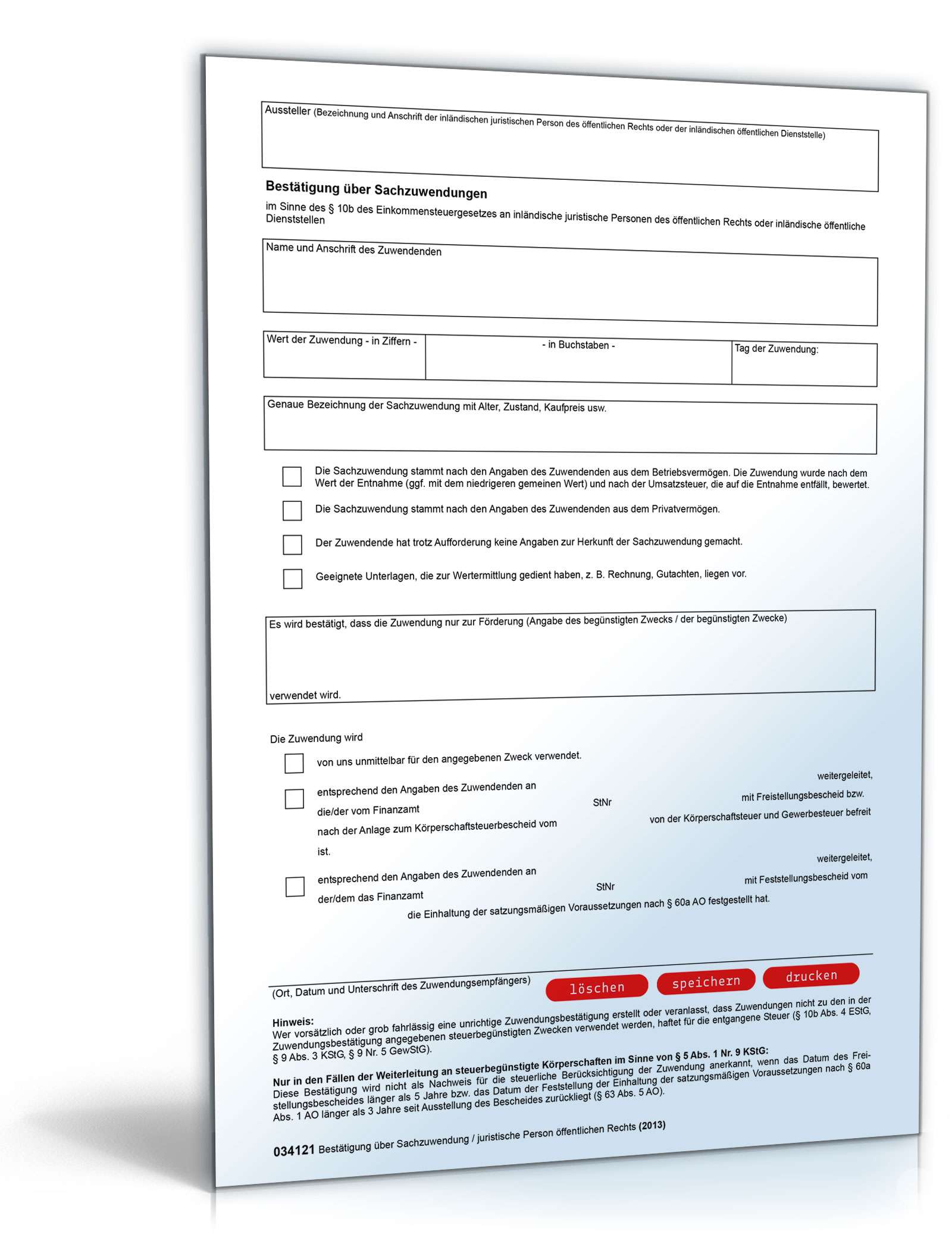 Spendenbescheinigung über Sachzuwendung PDF