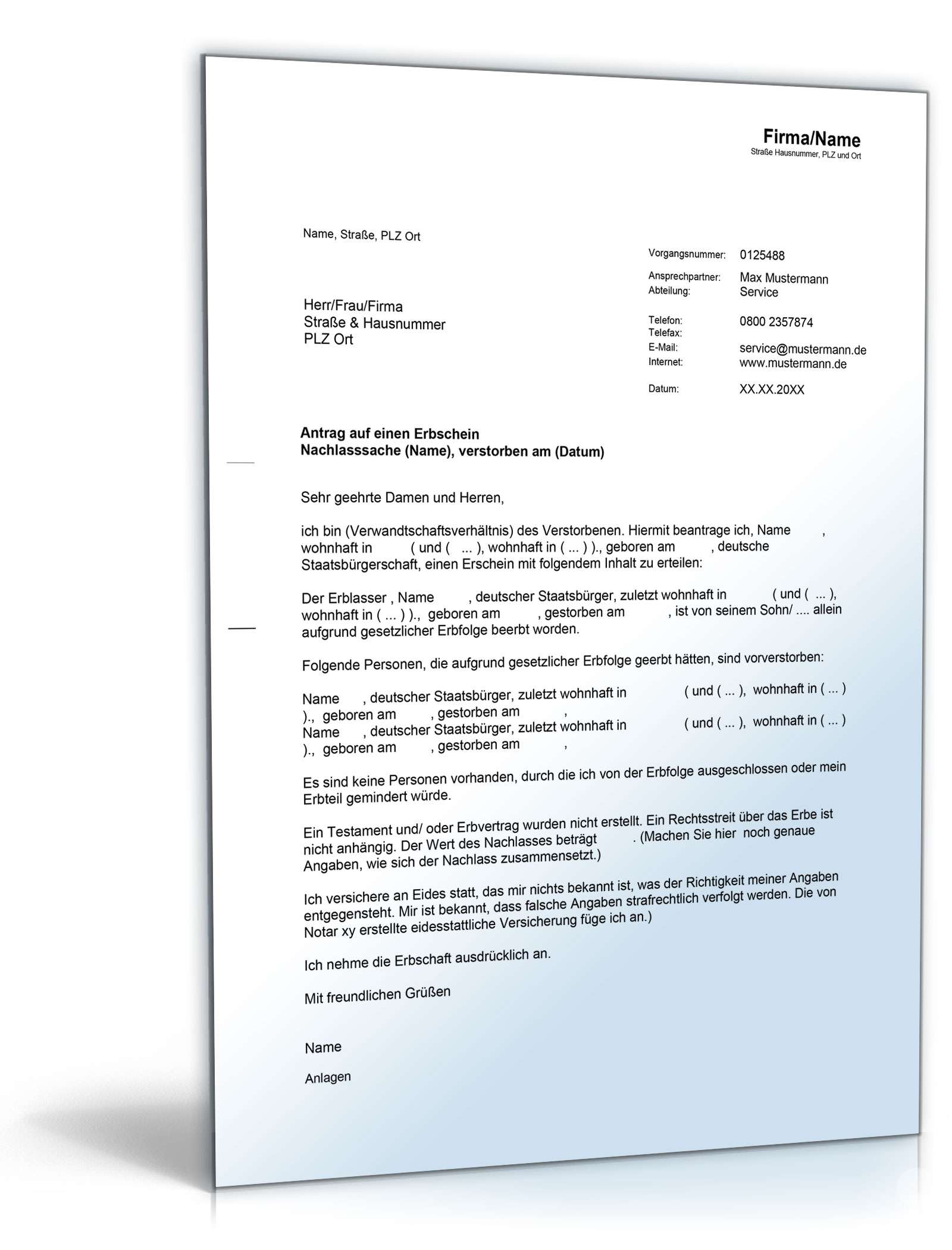 Antrag auf einen Erbschein Word