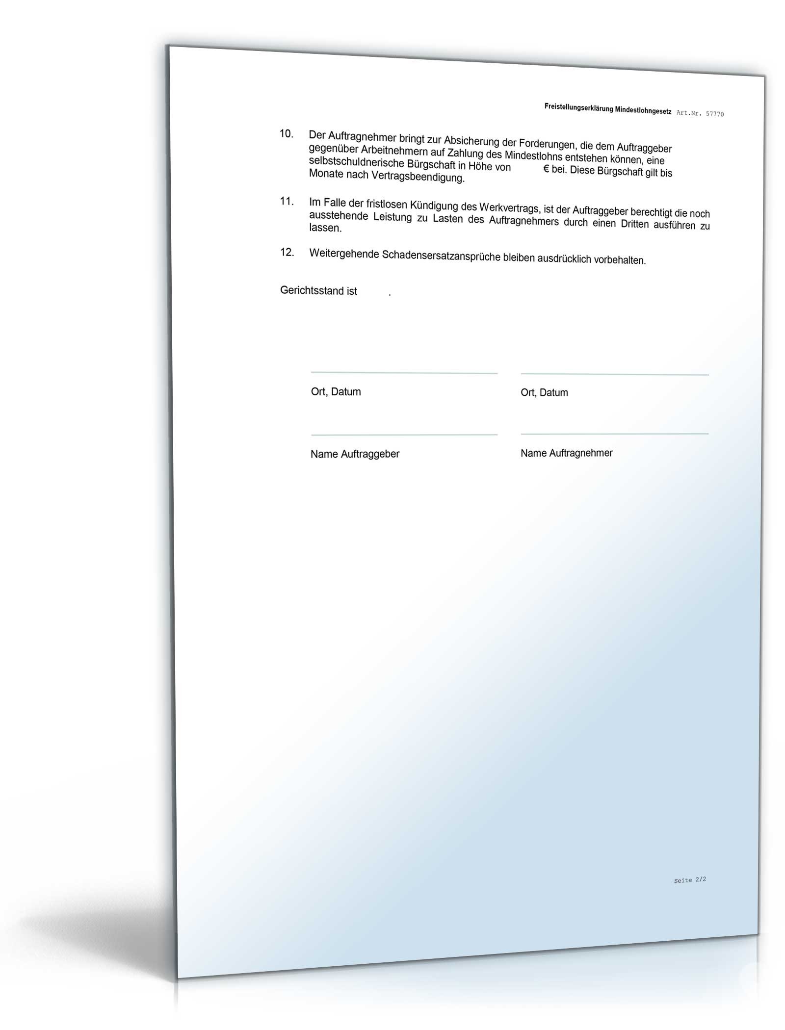 Freistellungserklärung Mindestlohngesetz  Word. Seite: 3