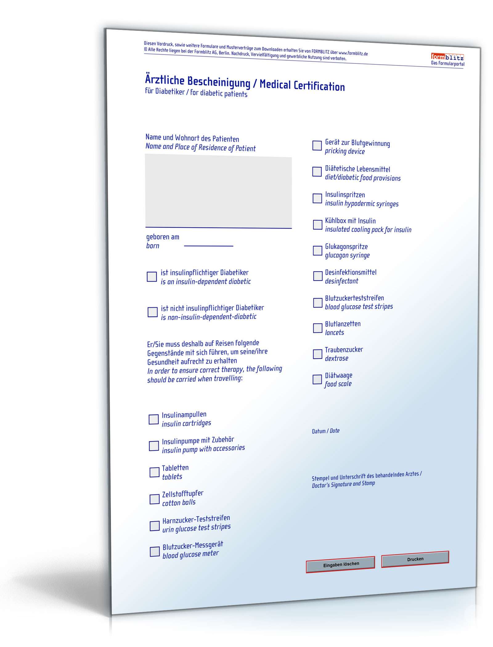 Reisebescheinigung Diabetiker PDF