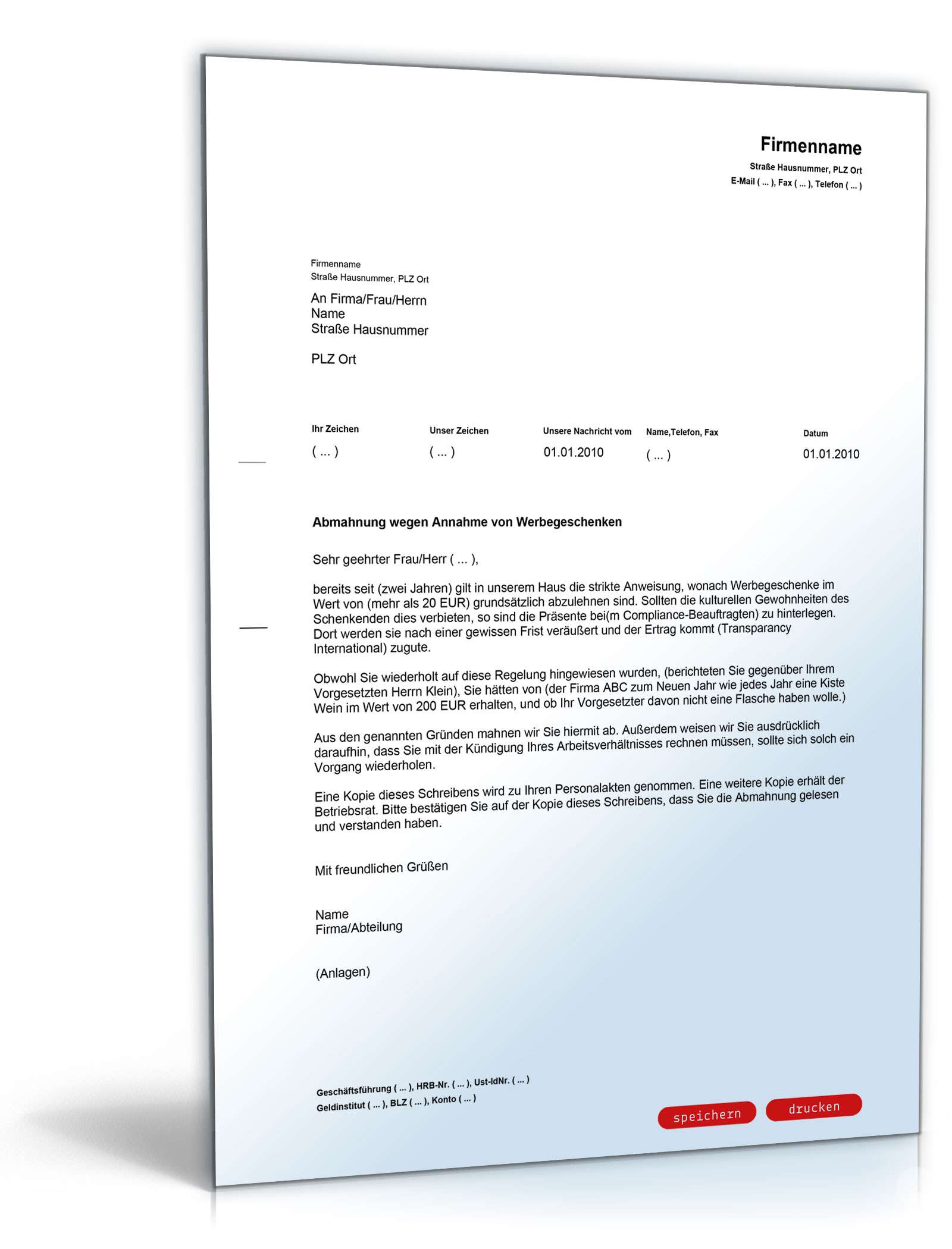 Abmahnung Annahme von Werbegeschenken PDF