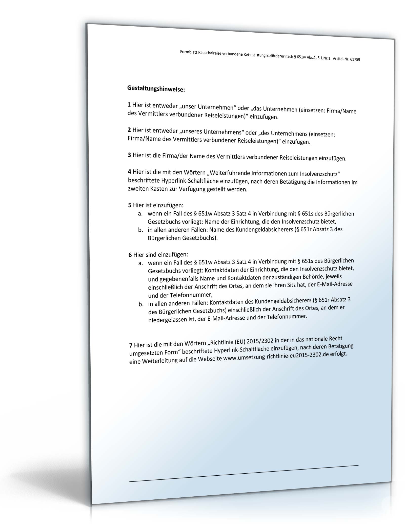 Formblatt Vermittlung verbundene Reiseleistungen Beförderer § 651w Absatz 1 Satz 1 Nummer 1 BGB Word. Seite: 2