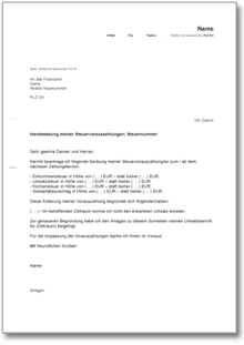 Herabsetzung Steuervorauszahlung Word