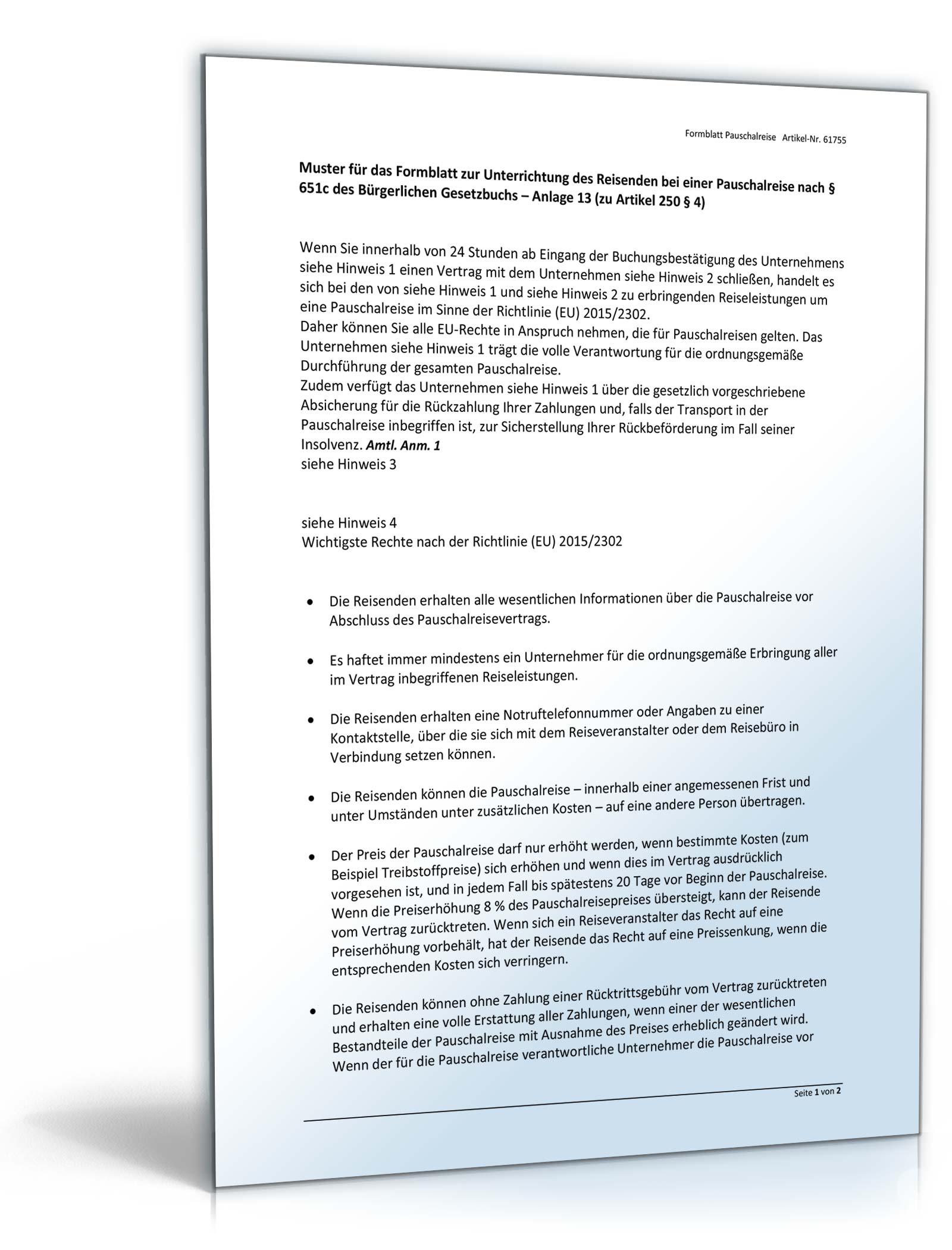 Formblatt Pauschalreise § 651c BGB Word