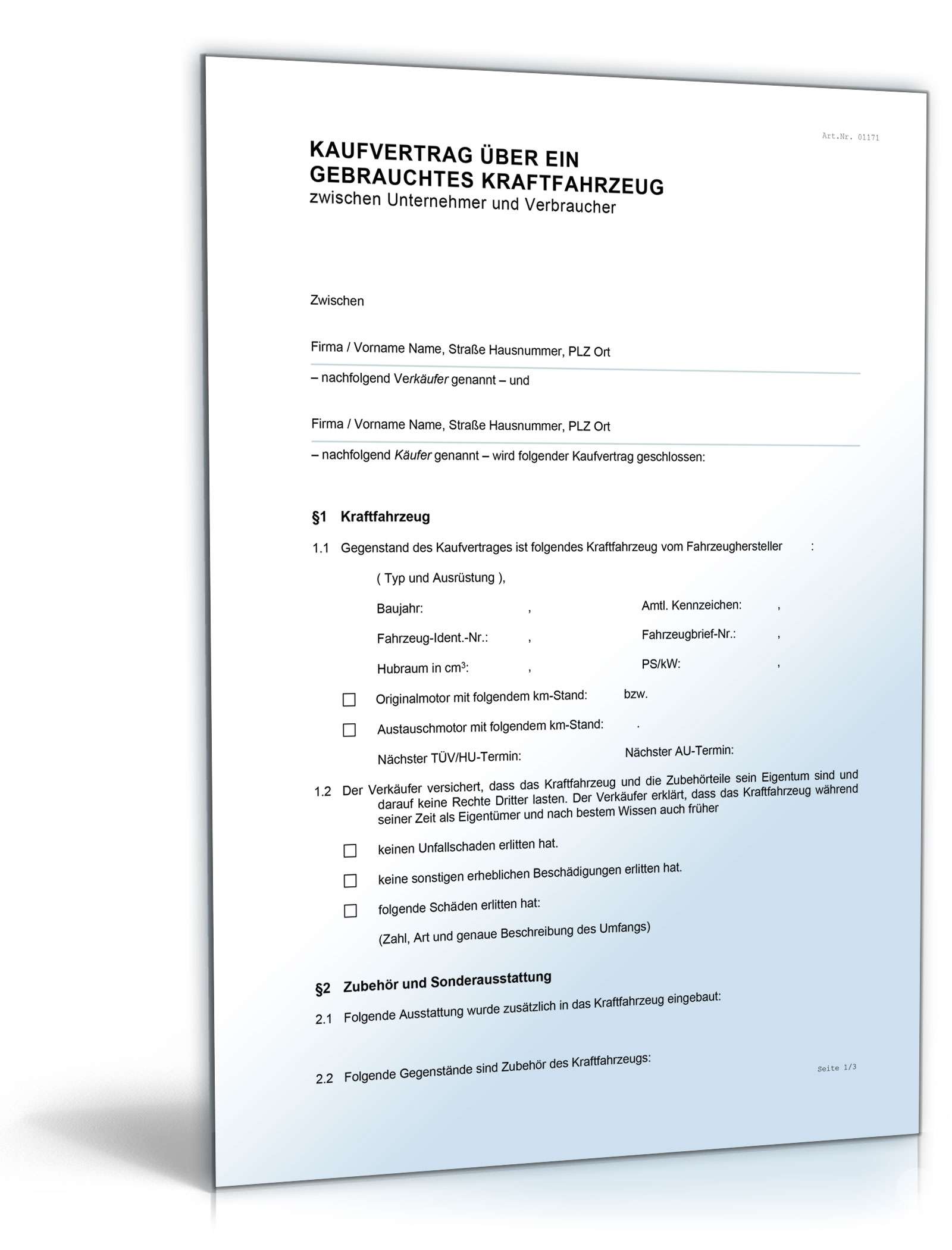 Kfz-Kaufvertrag bei gewerblichem Verkauf Word