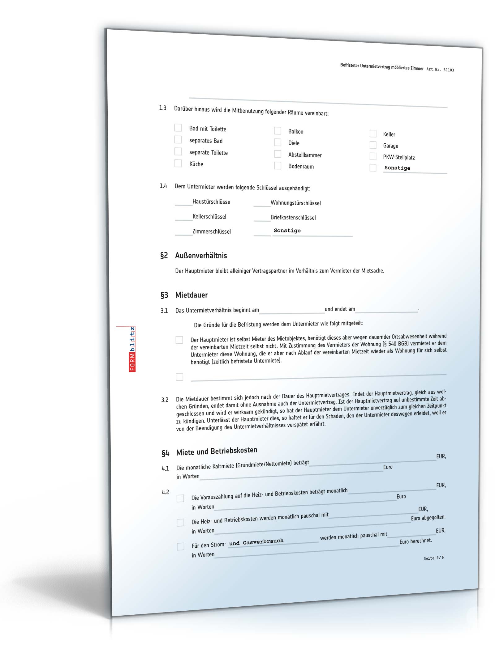 Befristeter Untermietvertrag möbliertes Zimmer PDF. Seite: 2