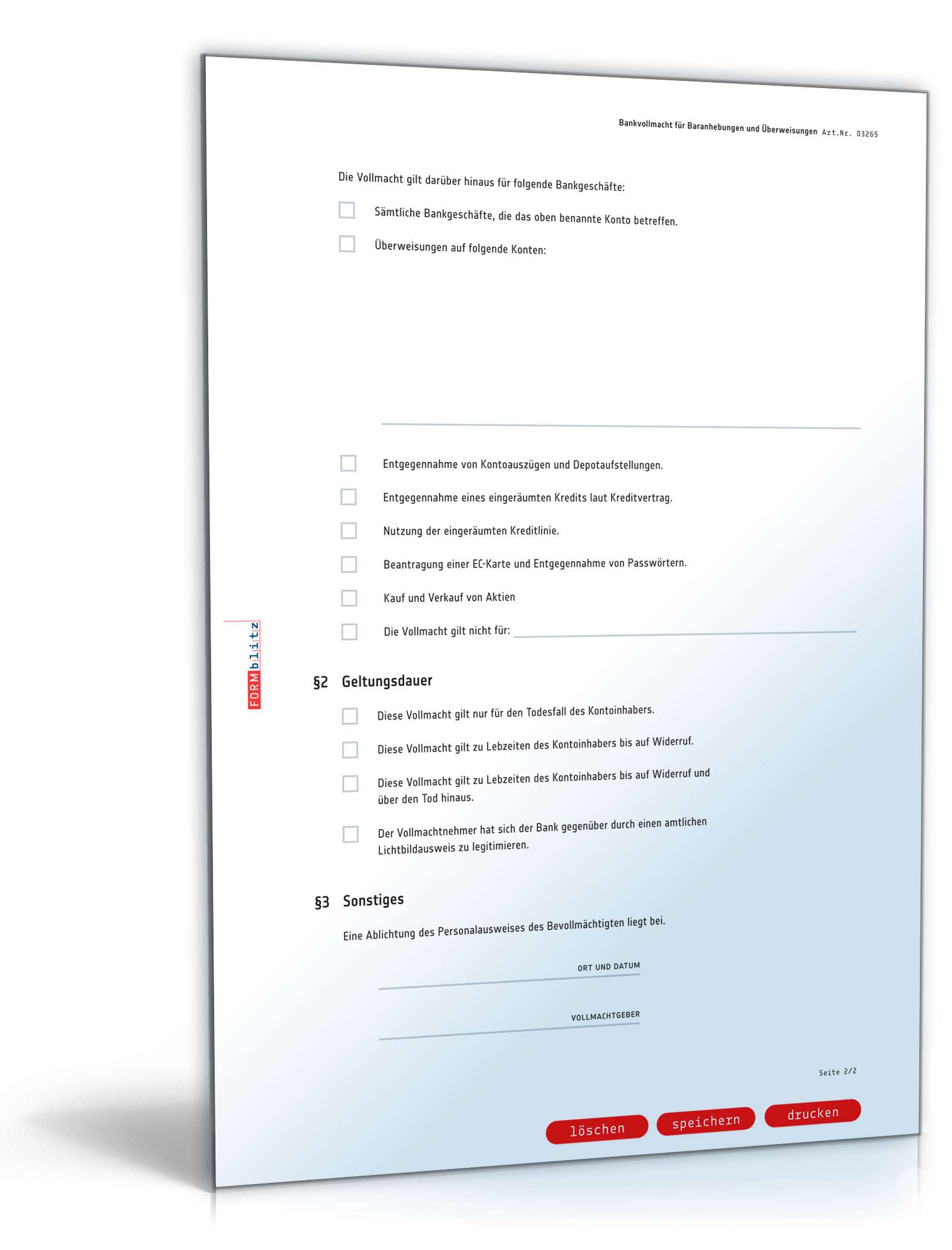 Bankvollmacht für Barabhebungen und Überweisungen PDF. Seite: 2