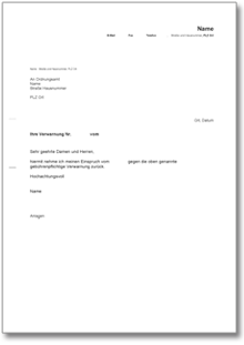 Rücknahme Einspruch Verwarnung Word