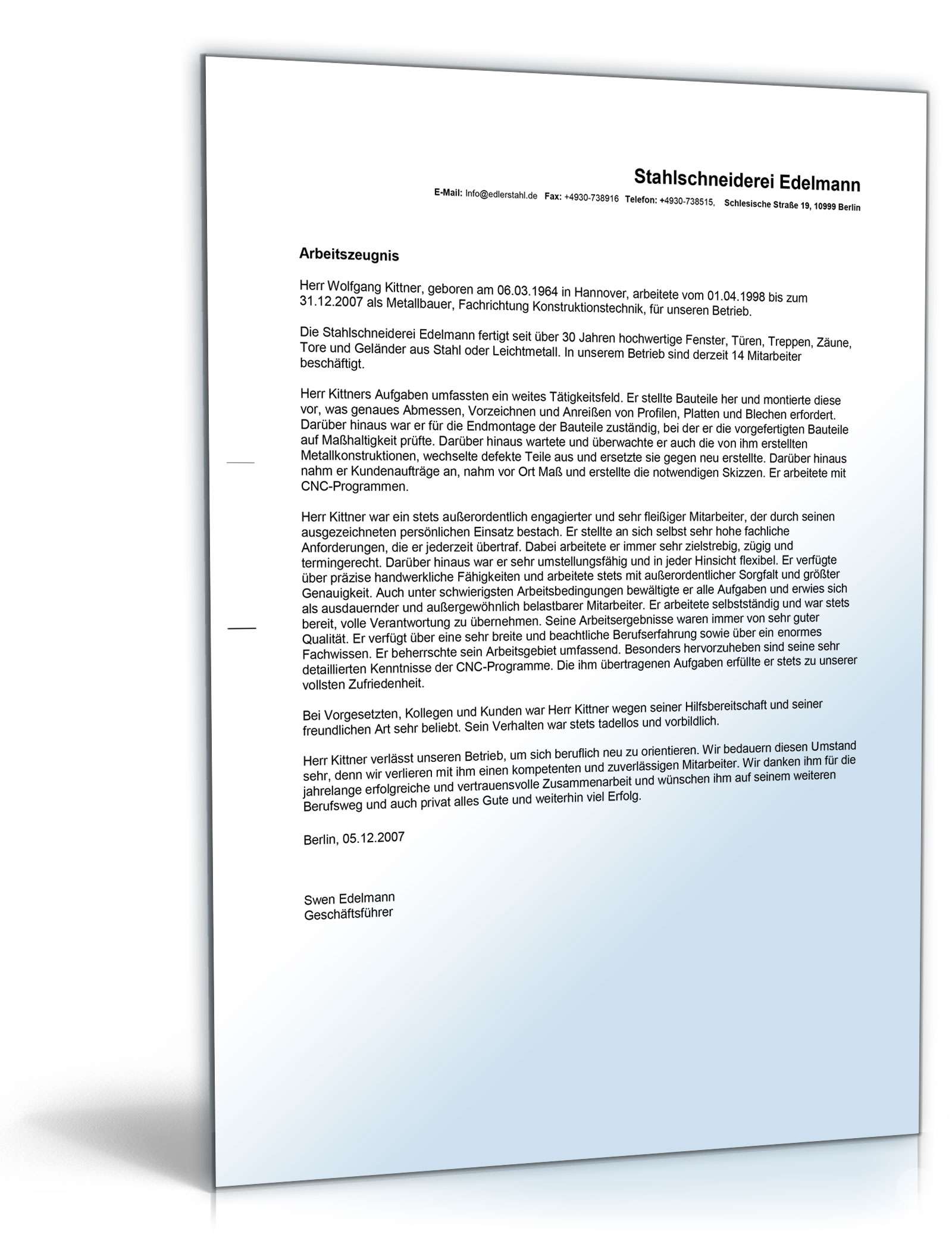 Arbeitszeugnis Metallbauer Excel. Seite: 3