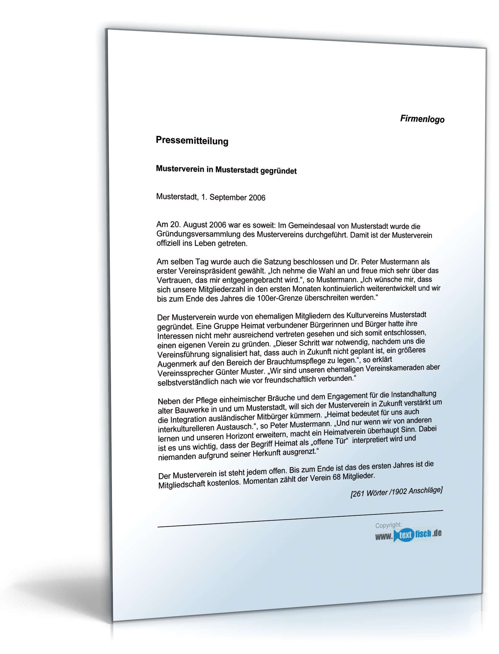 Pressemitteilung Bekanntgabe einer Vereinsgründung eines Heimatvereins