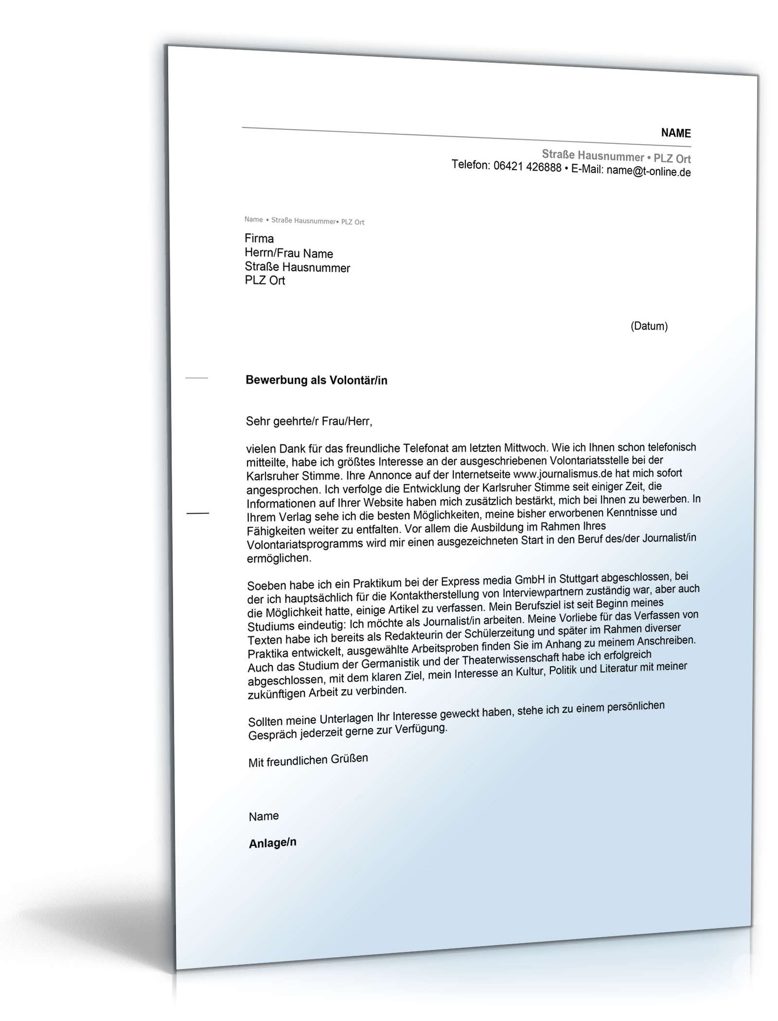 Anschreiben Bewerbung Volontariat Excel