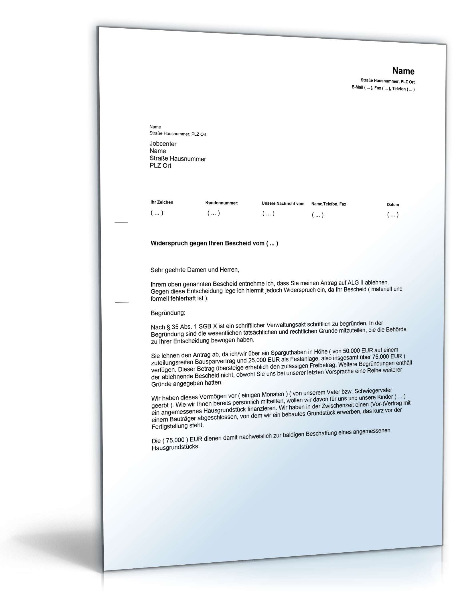 Widerspruch Ablehnung Antrag ALG II wegen Sparguthaben PDF