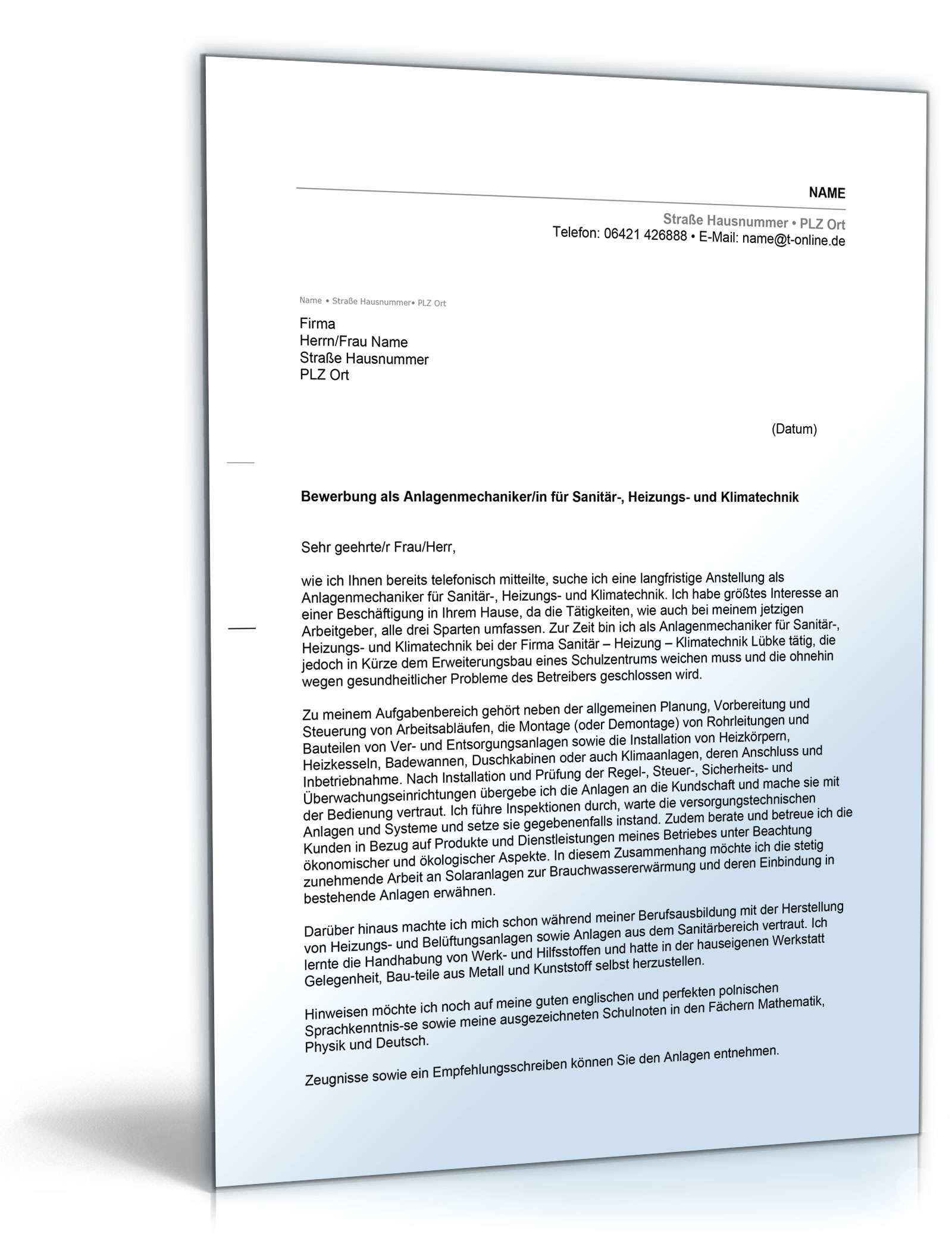 Anschreiben Bewerbung Anlagenmechaniker Excel