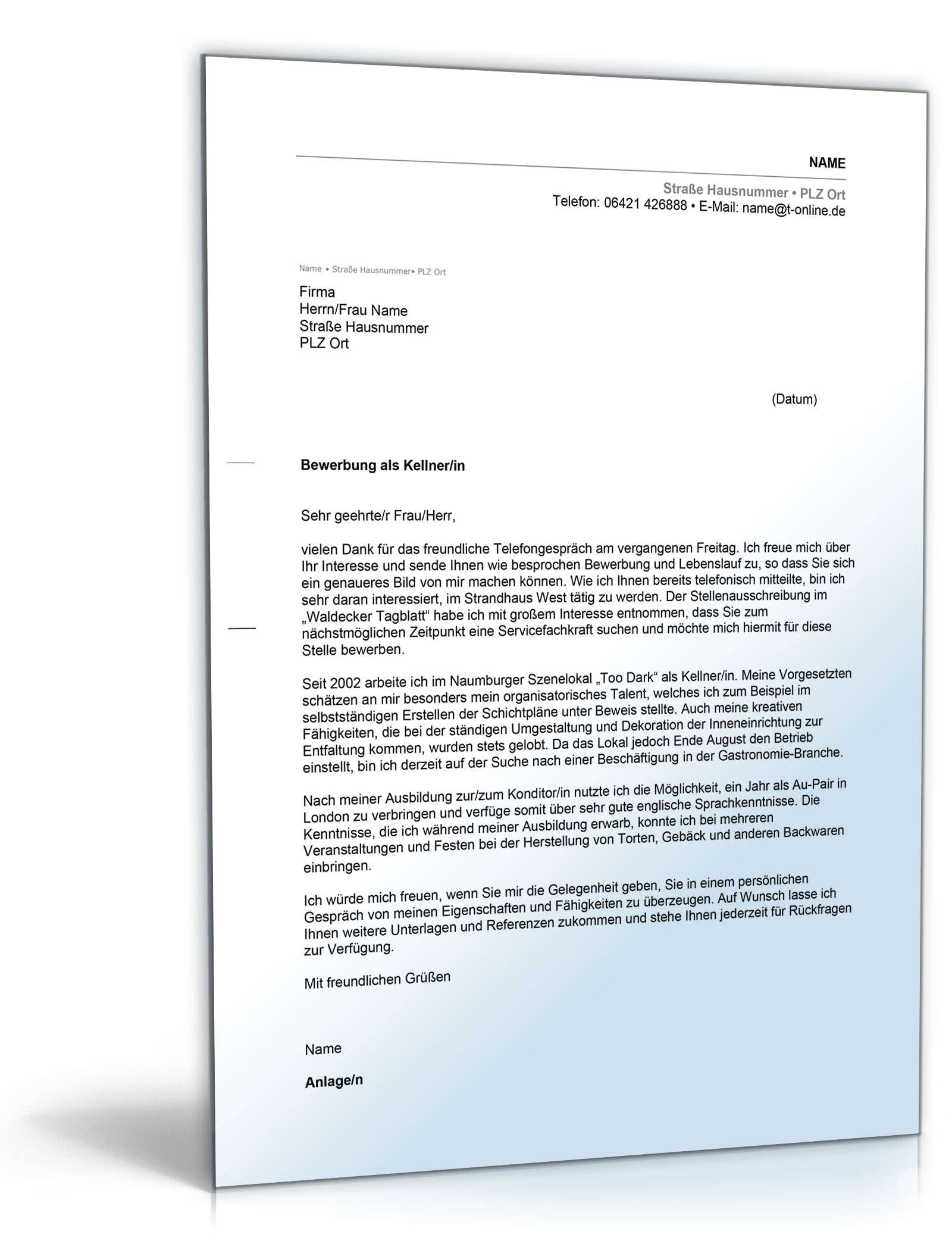 Anschreiben Bewerbung Kellner Excel