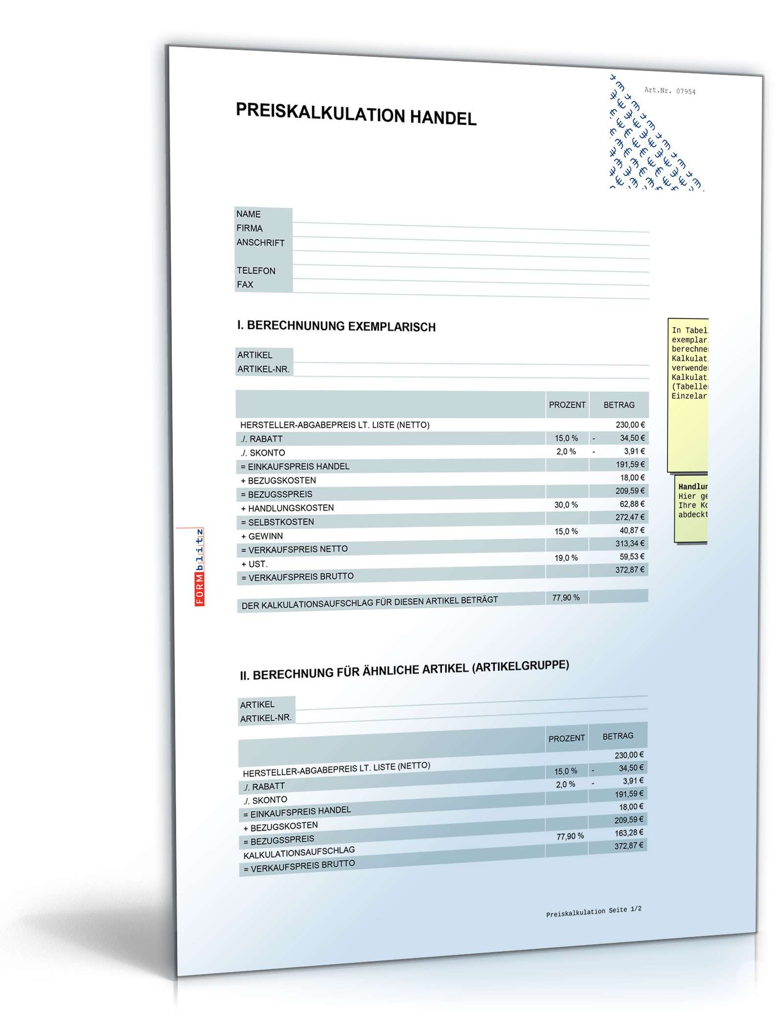 Preis- und Angebotskalkulation Excel. Seite: 3