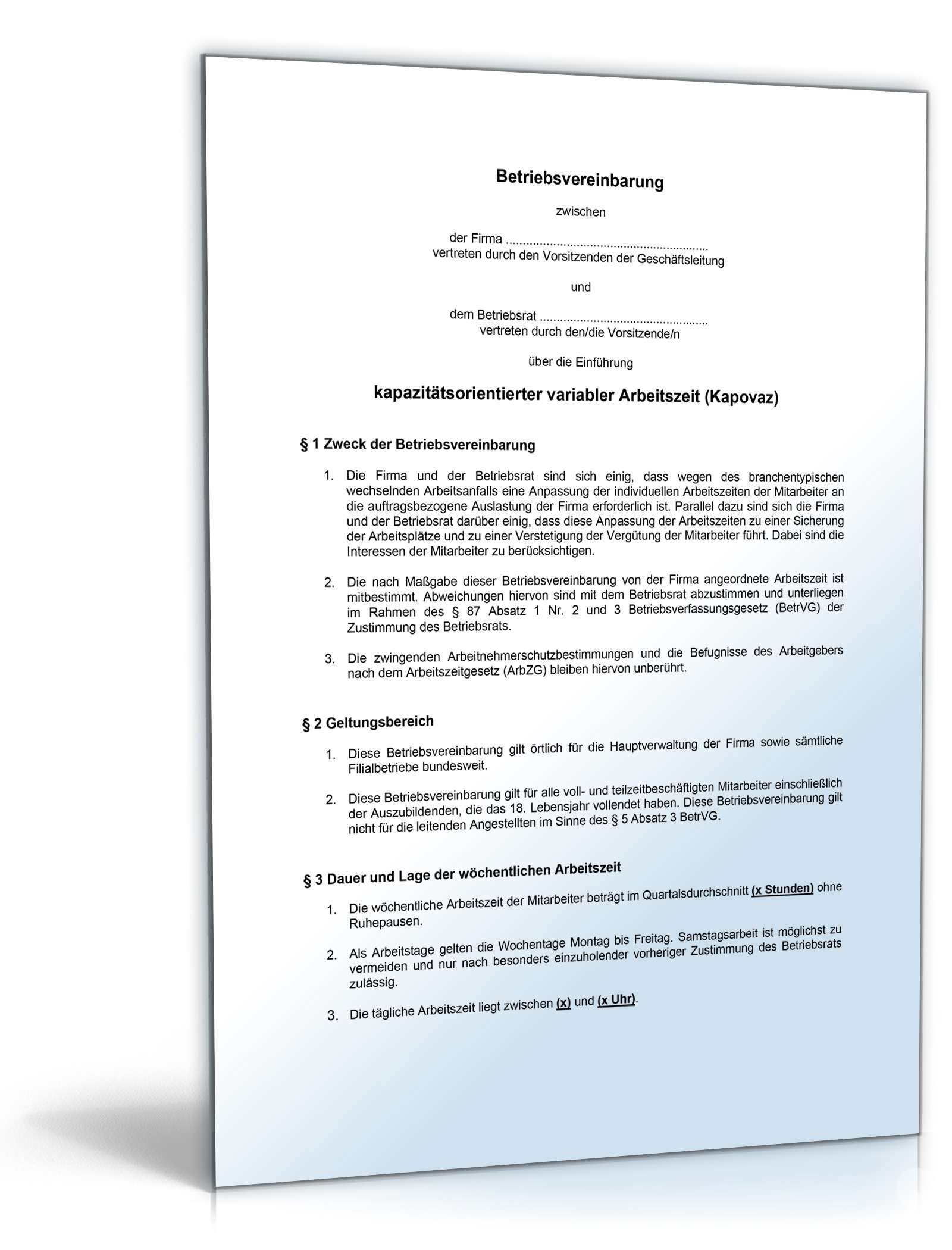 Betriebsvereinbarung über kapazitätsorientierte variable Arbeitszeit (Kapovaz) PDF
