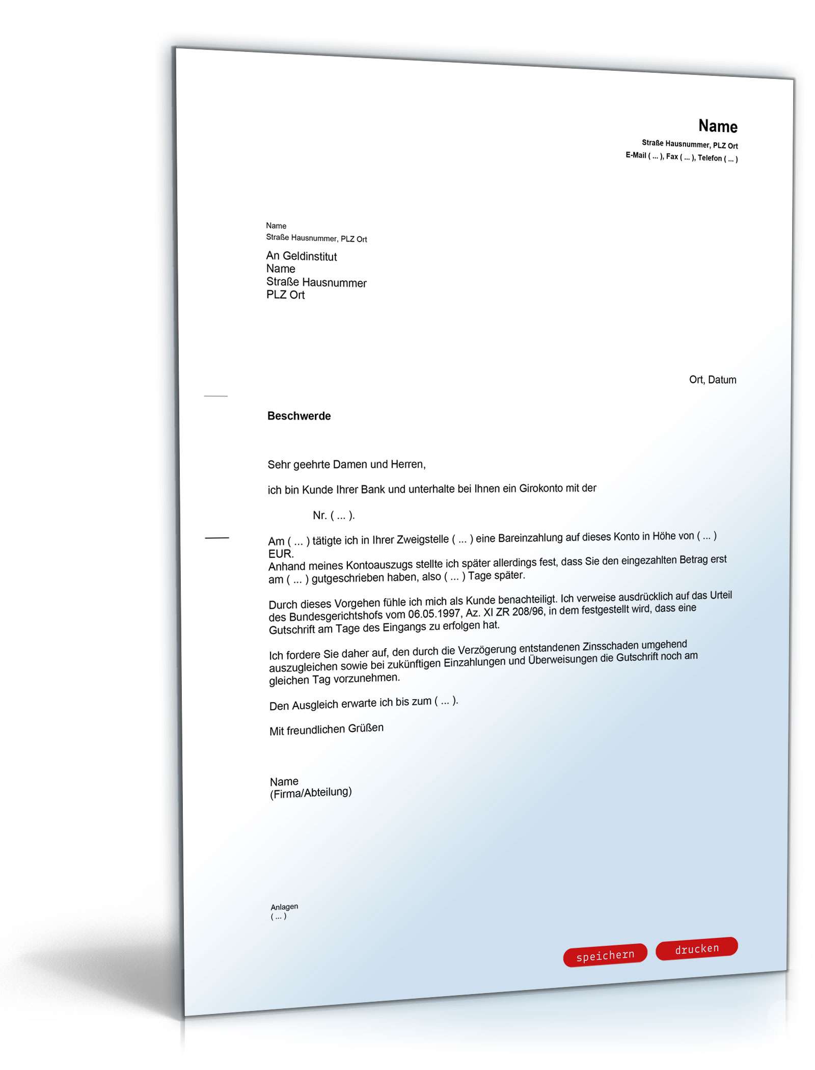 Beschwerde bei einer Bank wegen verspäteter Gutschrift PDF