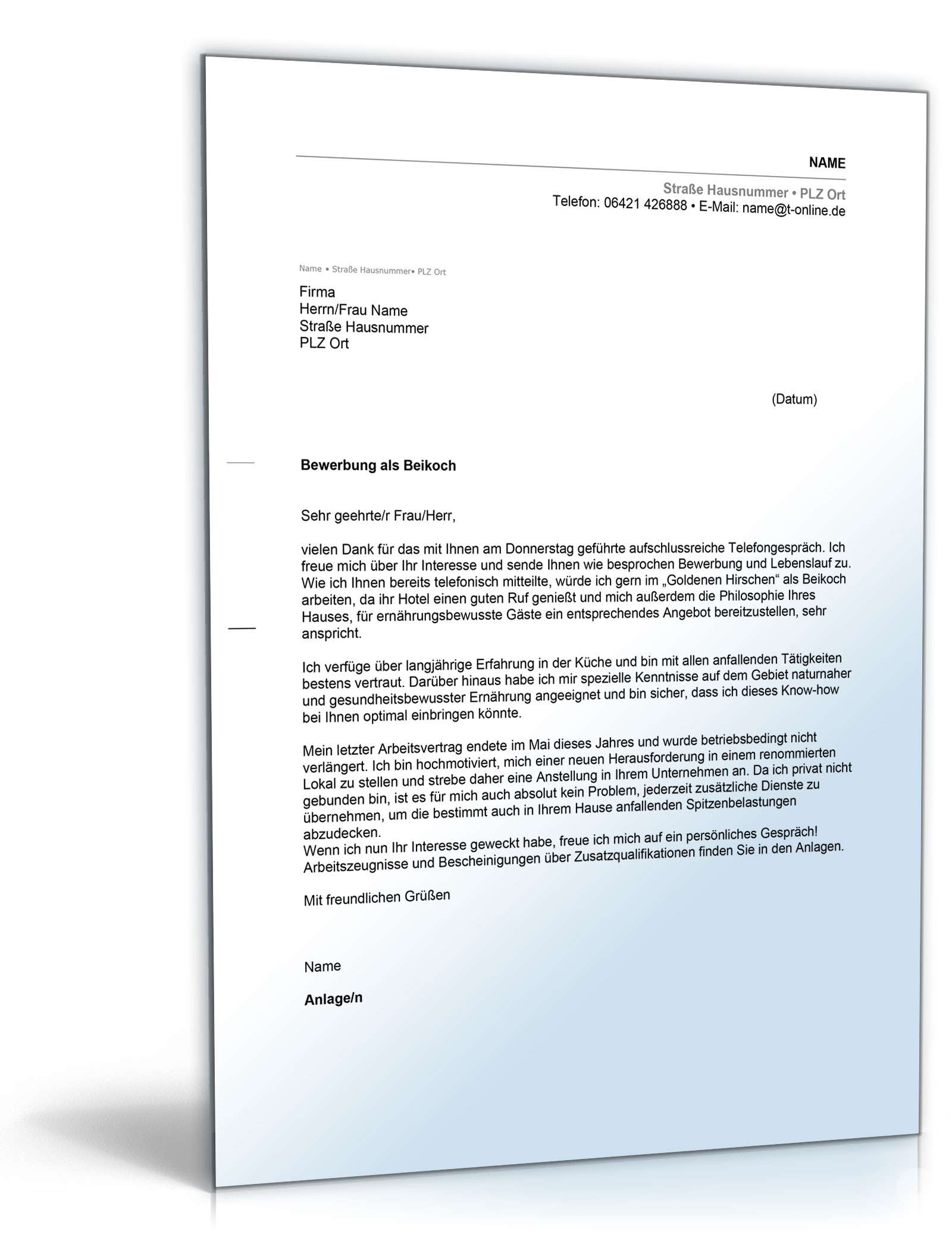 Anschreiben Bewerbung Beikoch Excel