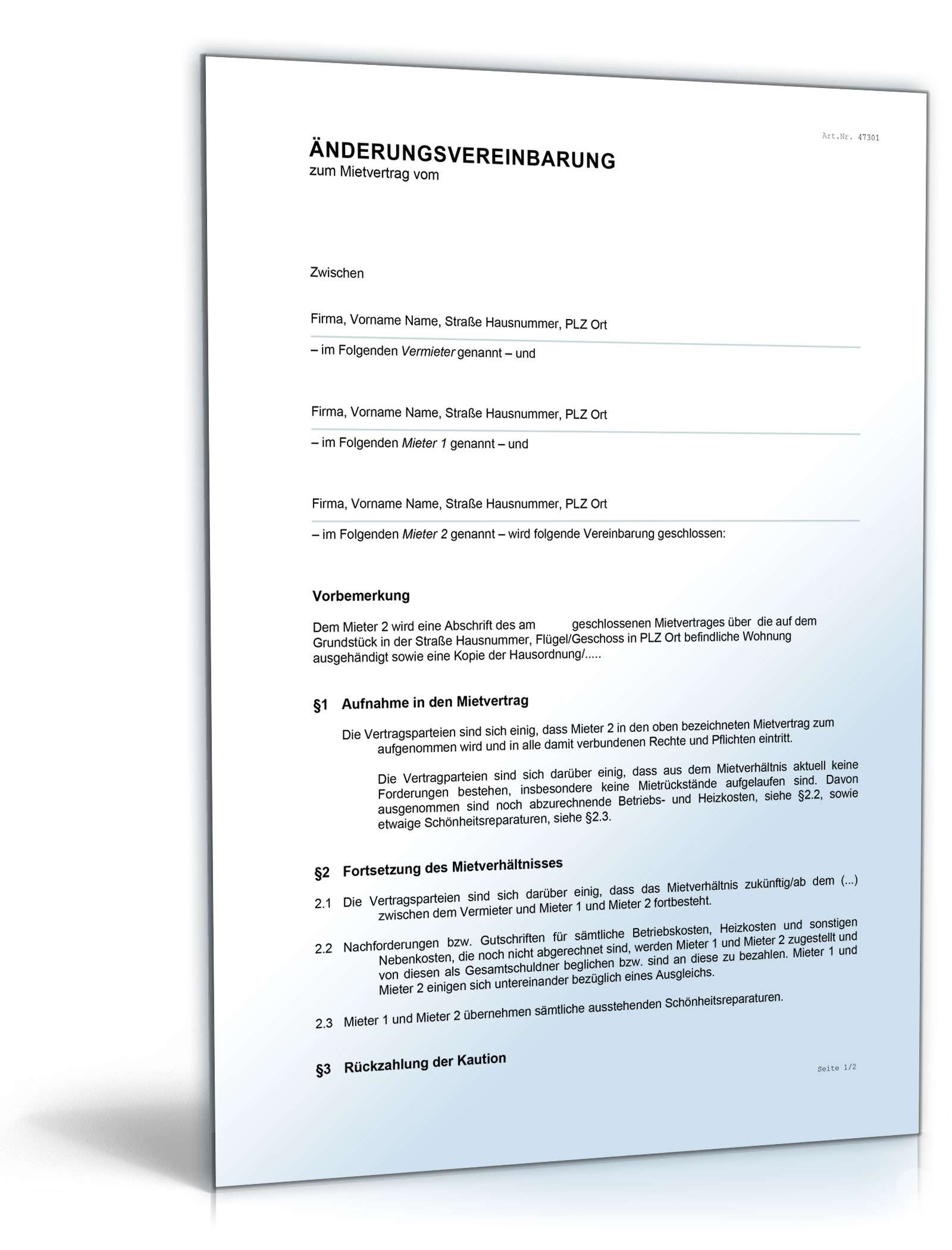 Änderungsvereinbarung Mietvertrag Aufnahme Mieter Word