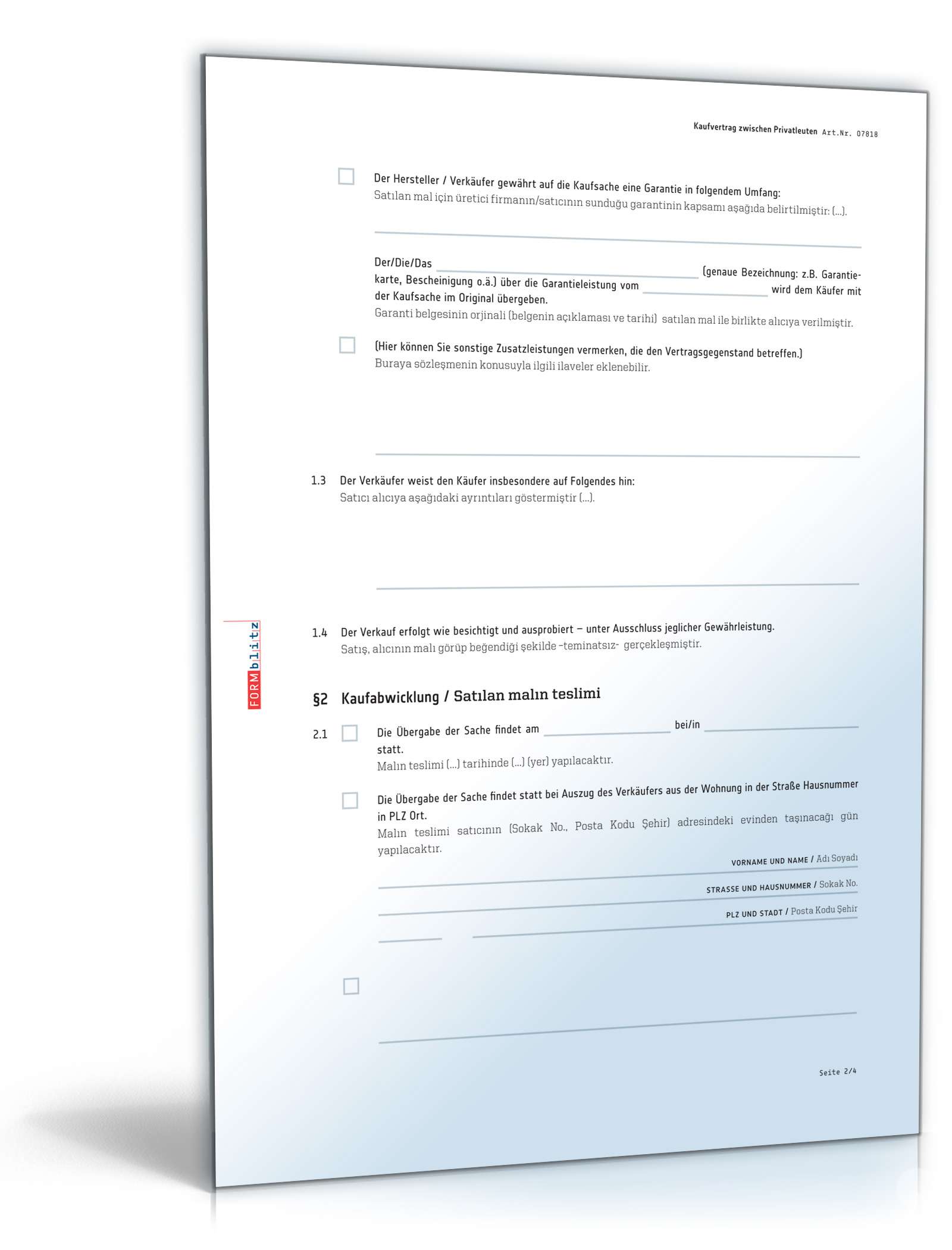 Privater Kaufvertrag (Türkisch/Deutsch) PDF. Seite: 2