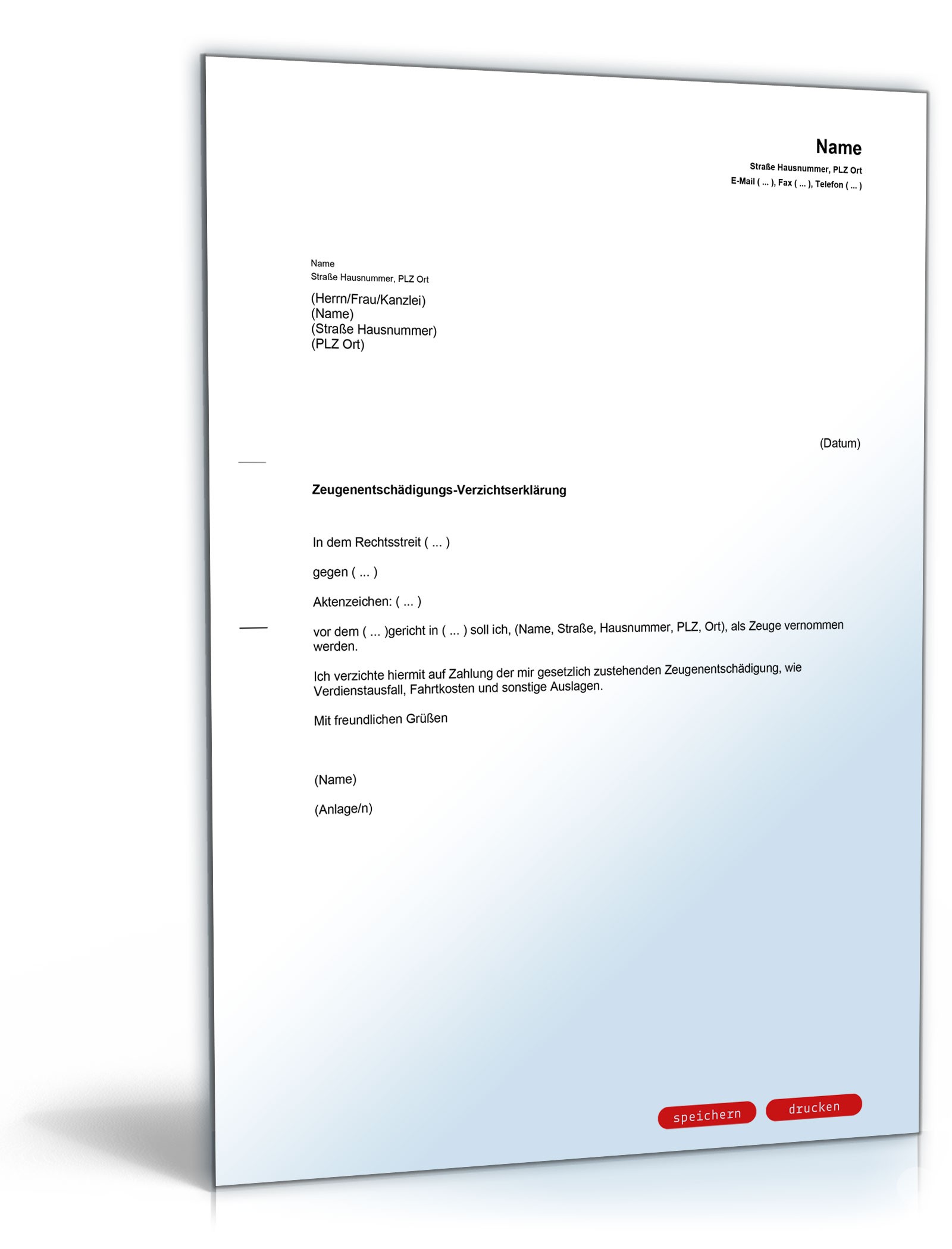 Zeugenentschdigungs-Verzichtserklrung - Musterbrief zum Download Zeugenentschdigungs-Verzichtserklrung - Musterbrief zum Download