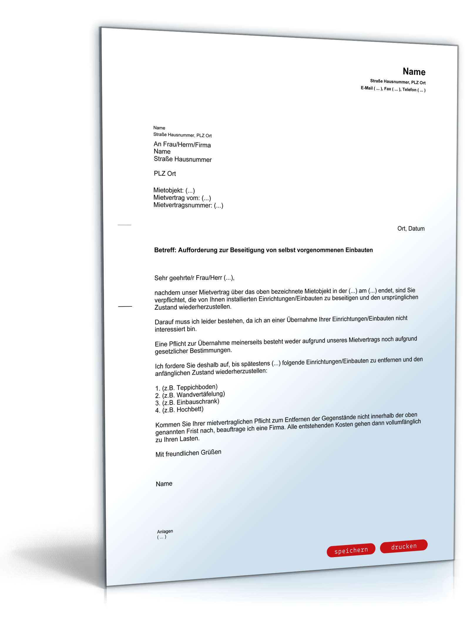 Aufforderung Beseitigung selbst vorgenommene Einbauten PDF