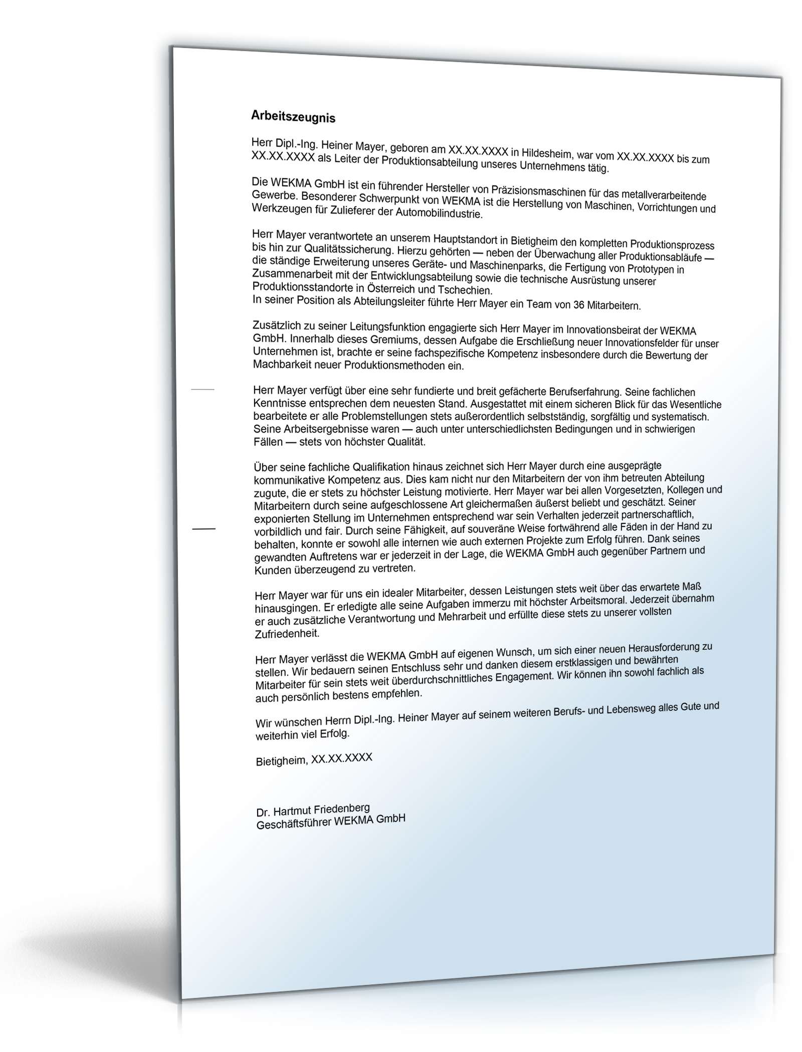 Arbeitszeugnis Führungskraft Sehr gut Word