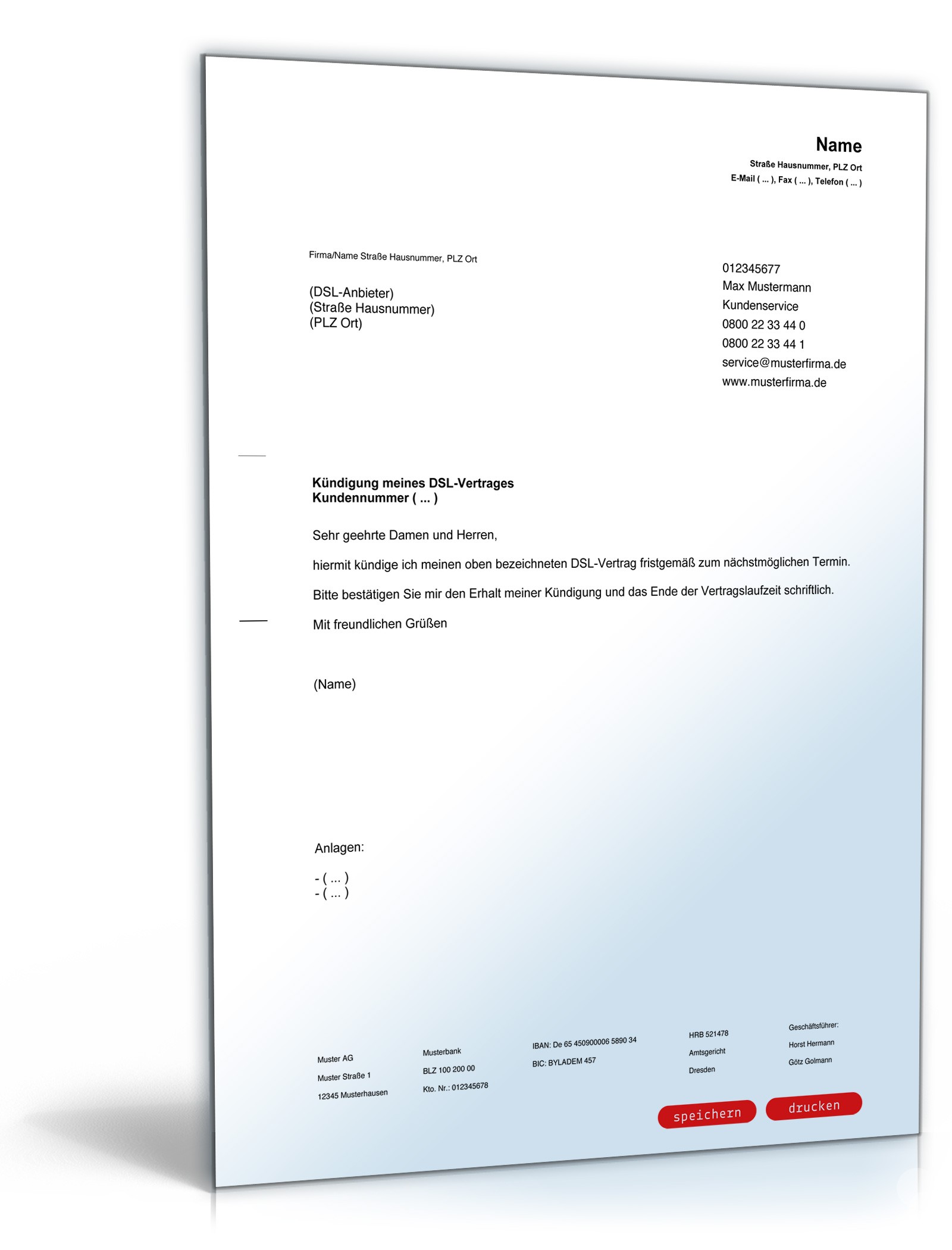 Fristgemäße Kündigung DSL-Vertrag PDF