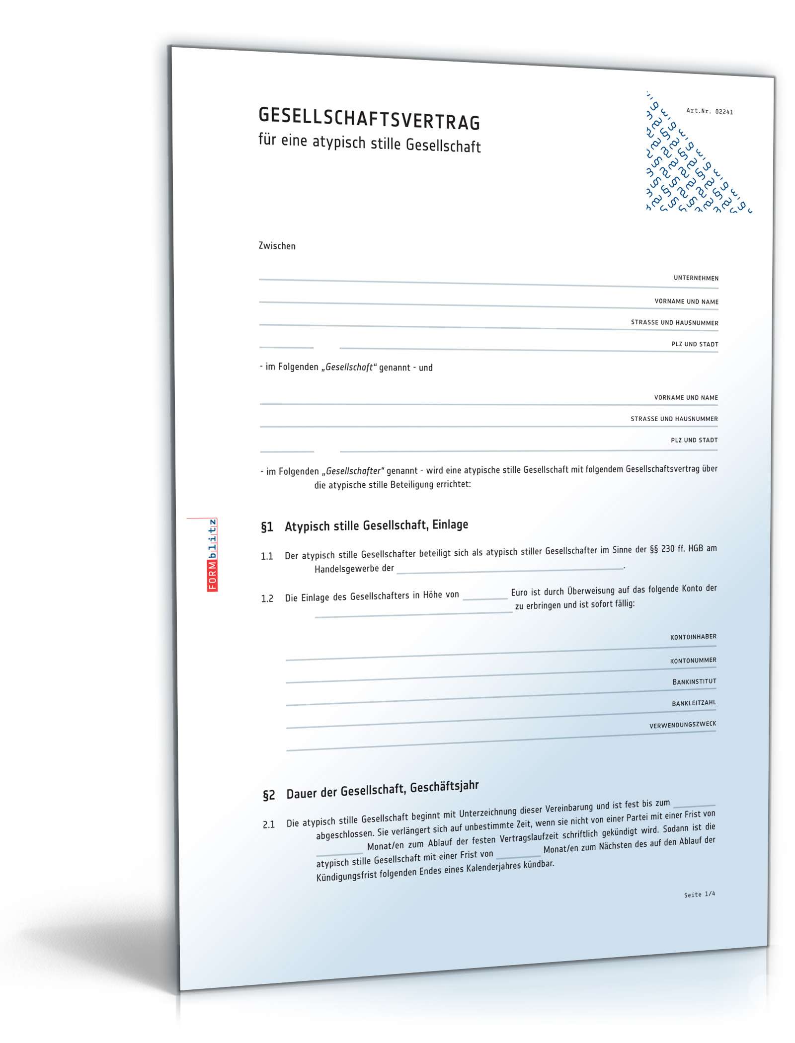 Gesellschaftsvertrag atypische stille Gesellschaft PDF