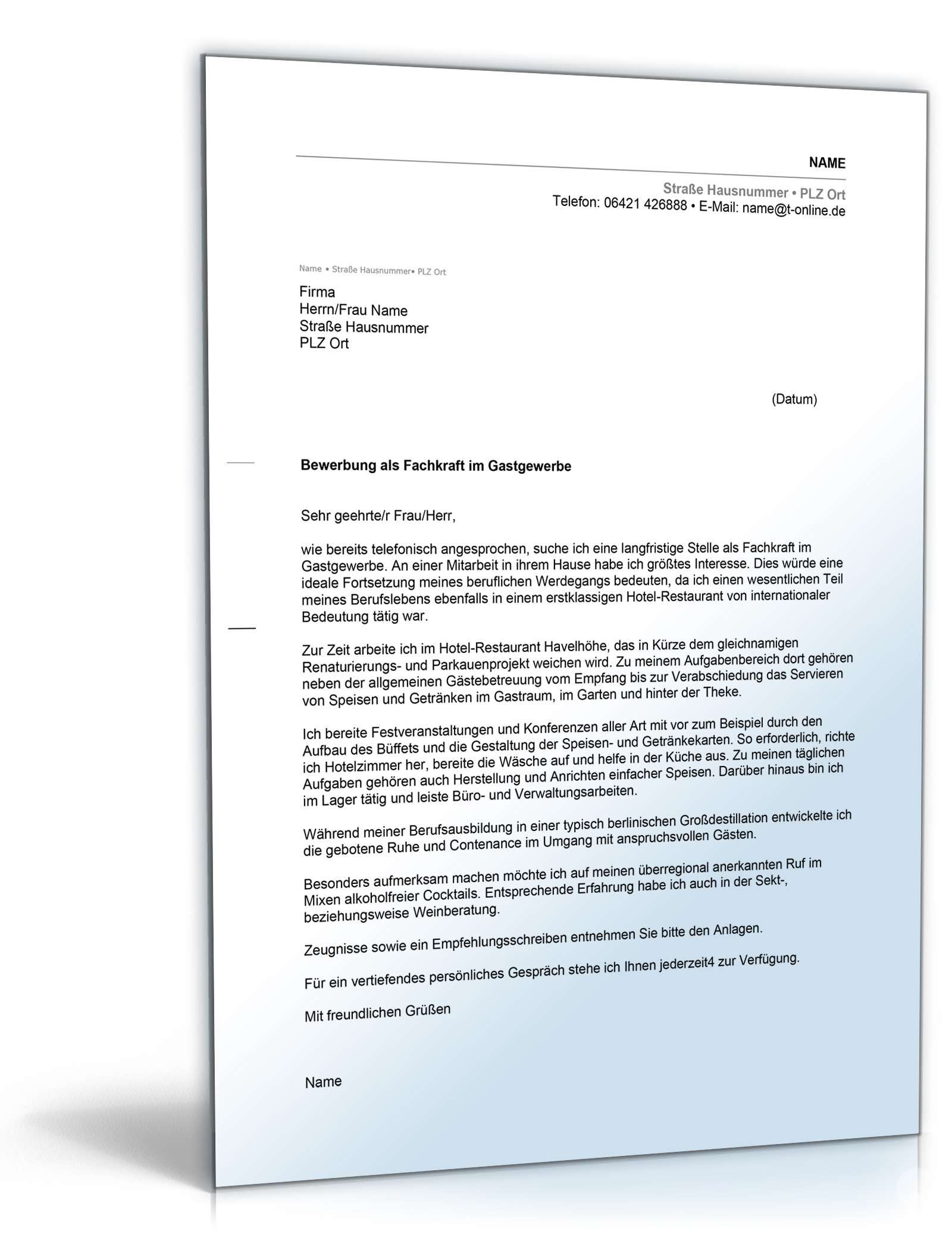 Anschreiben Bewerbung Hotel- und Gastgewerbe  Excel
