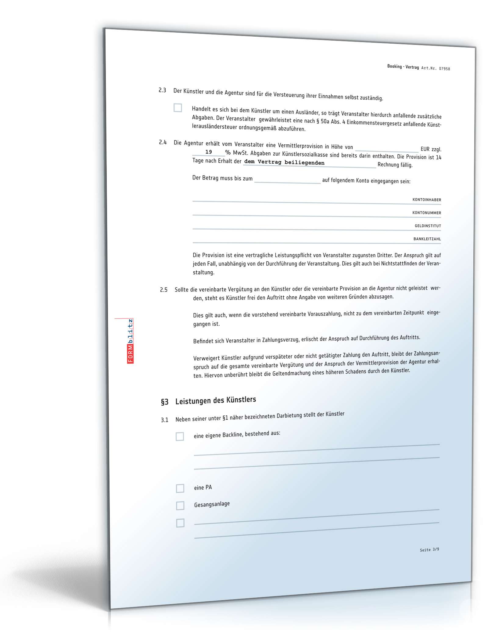 Bookingvertrag PDF. Seite: 3