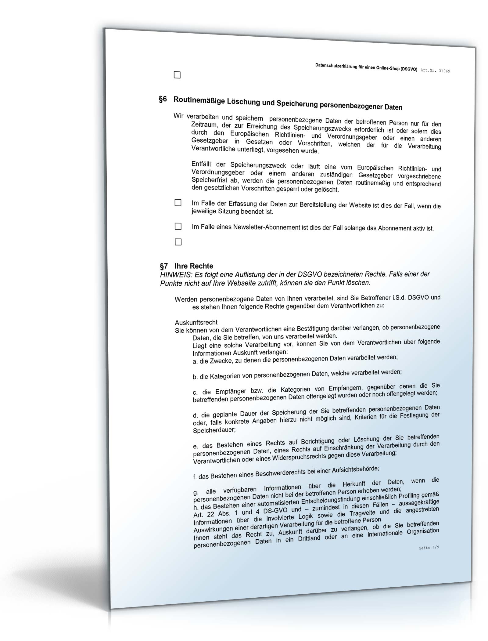 Datenschutzerklärung Online-Shop DSGVO Word. Seite: 4