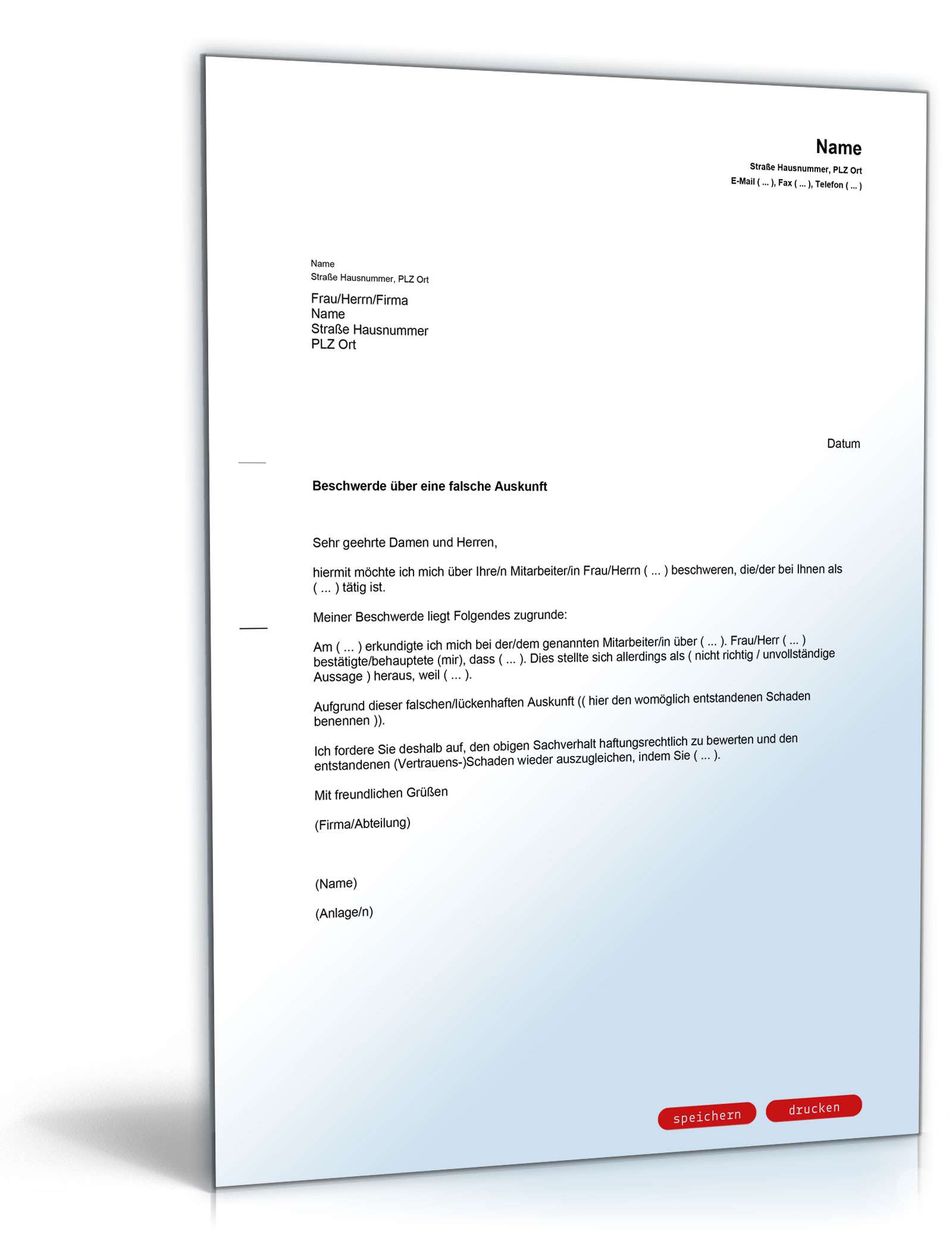 Beschwerde über einen Mitarbeiter wegen falscher Auskunft PDF