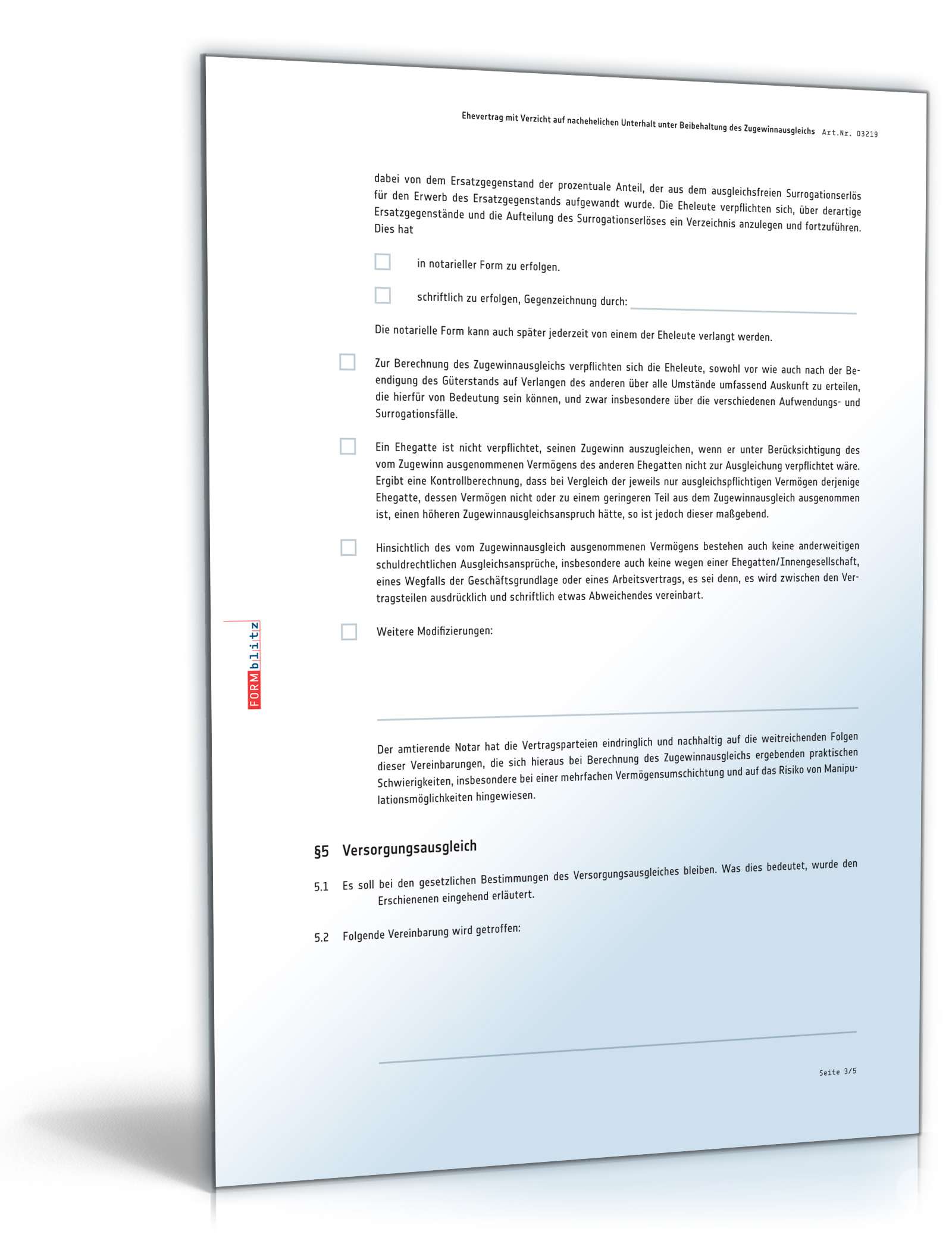 Ehevertrag mit Verzicht auf nachehelichen Unterhalt und Beibehaltung des Versorgungsausgleichs PDF. Seite: 3