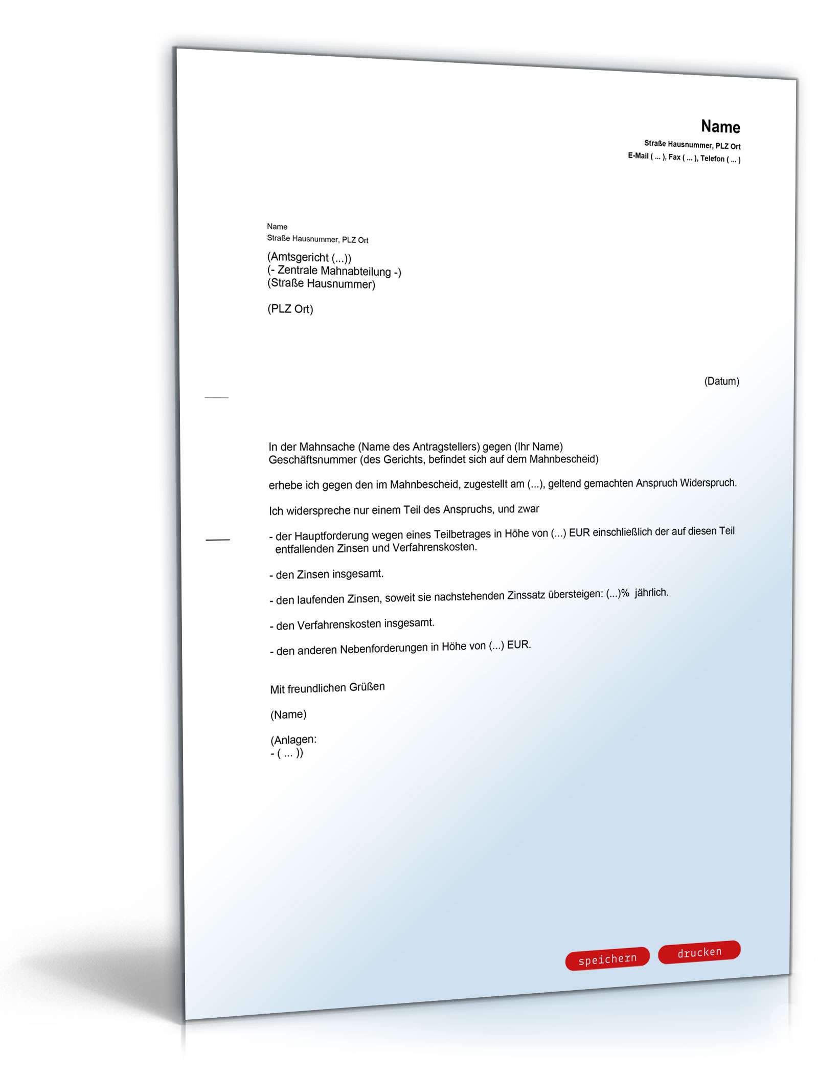 Widerspruch Mahnbescheid Teilforderung PDF