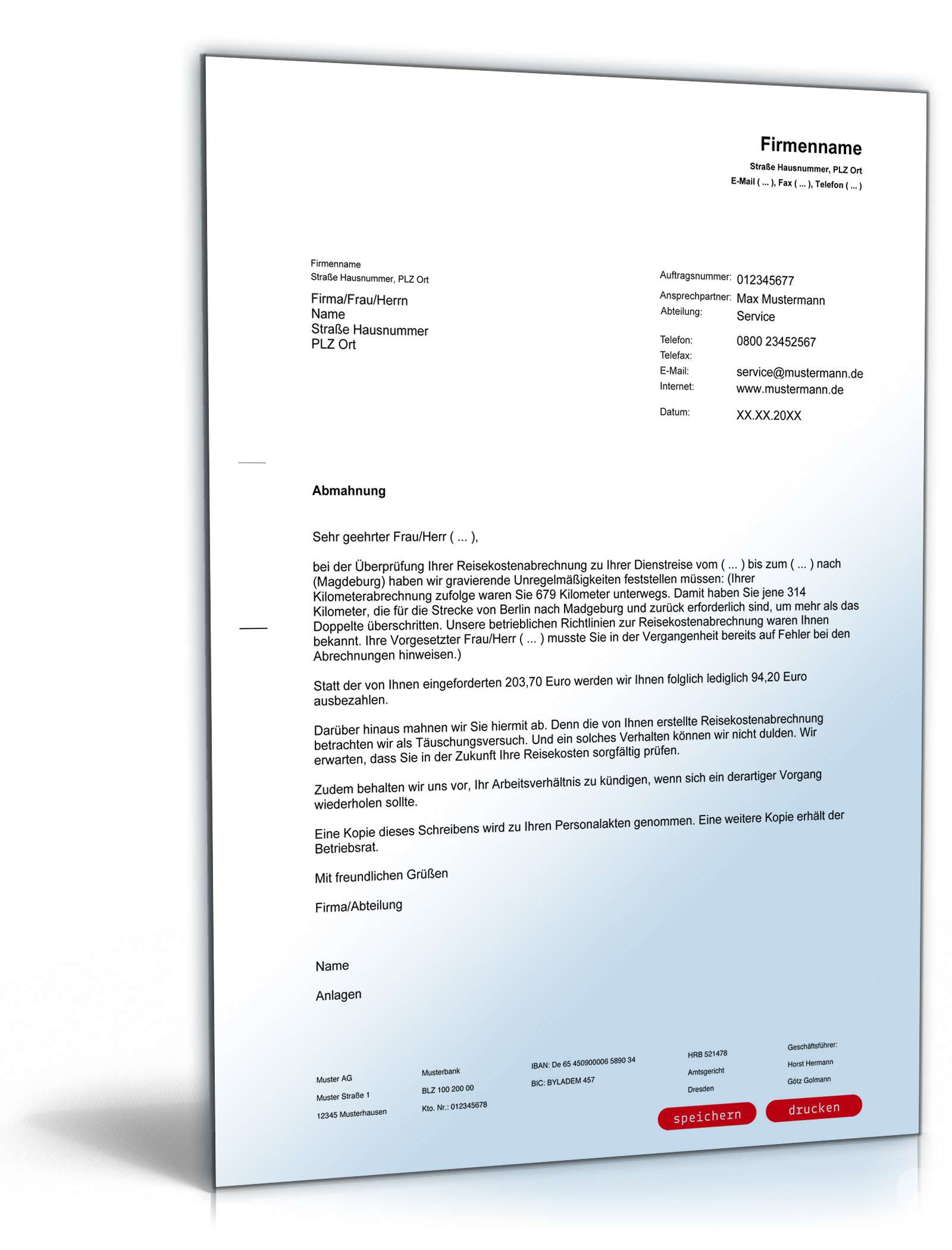 Abmahnung falsche Reisekostenabrechnung PDF