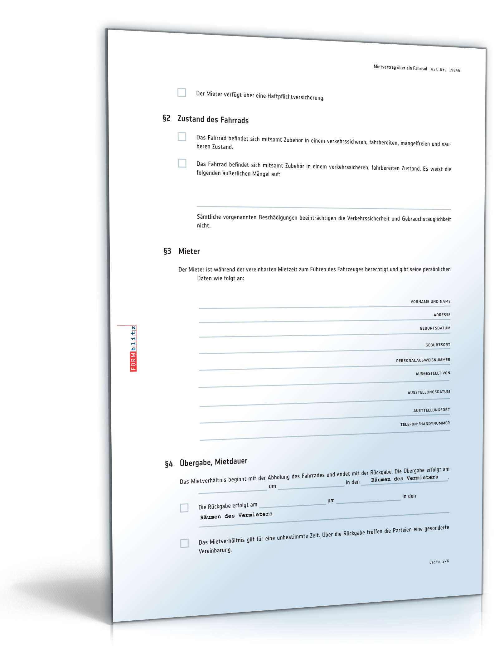 Mietvertrag Fahrrad PDF. Seite: 2